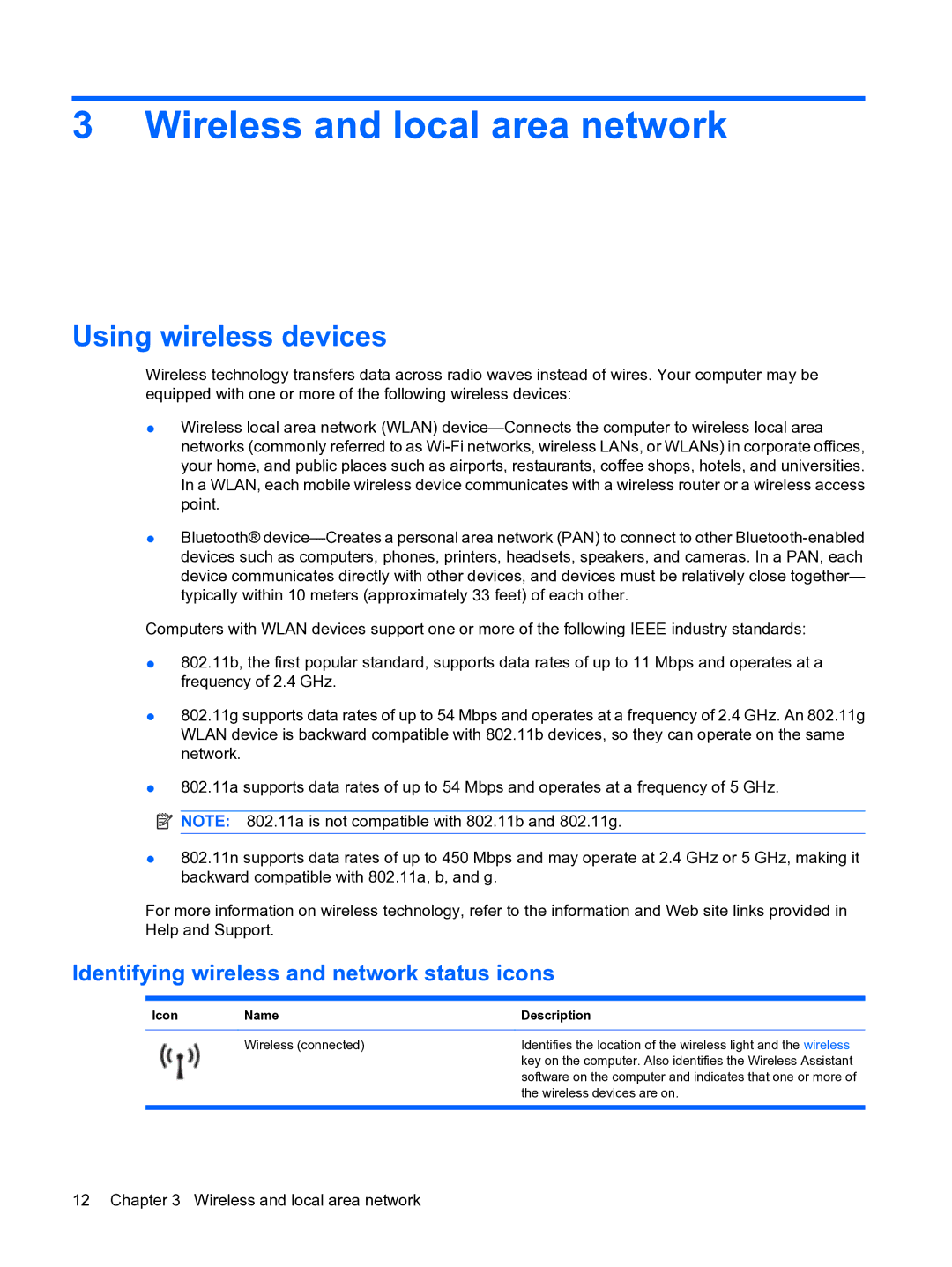 HP 13 manual Wireless and local area network, Using wireless devices, Identifying wireless and network status icons 