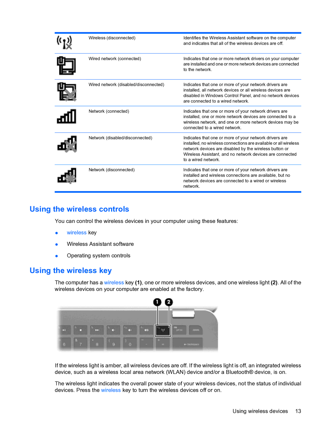 HP 13 manual Using the wireless controls, Using the wireless key 