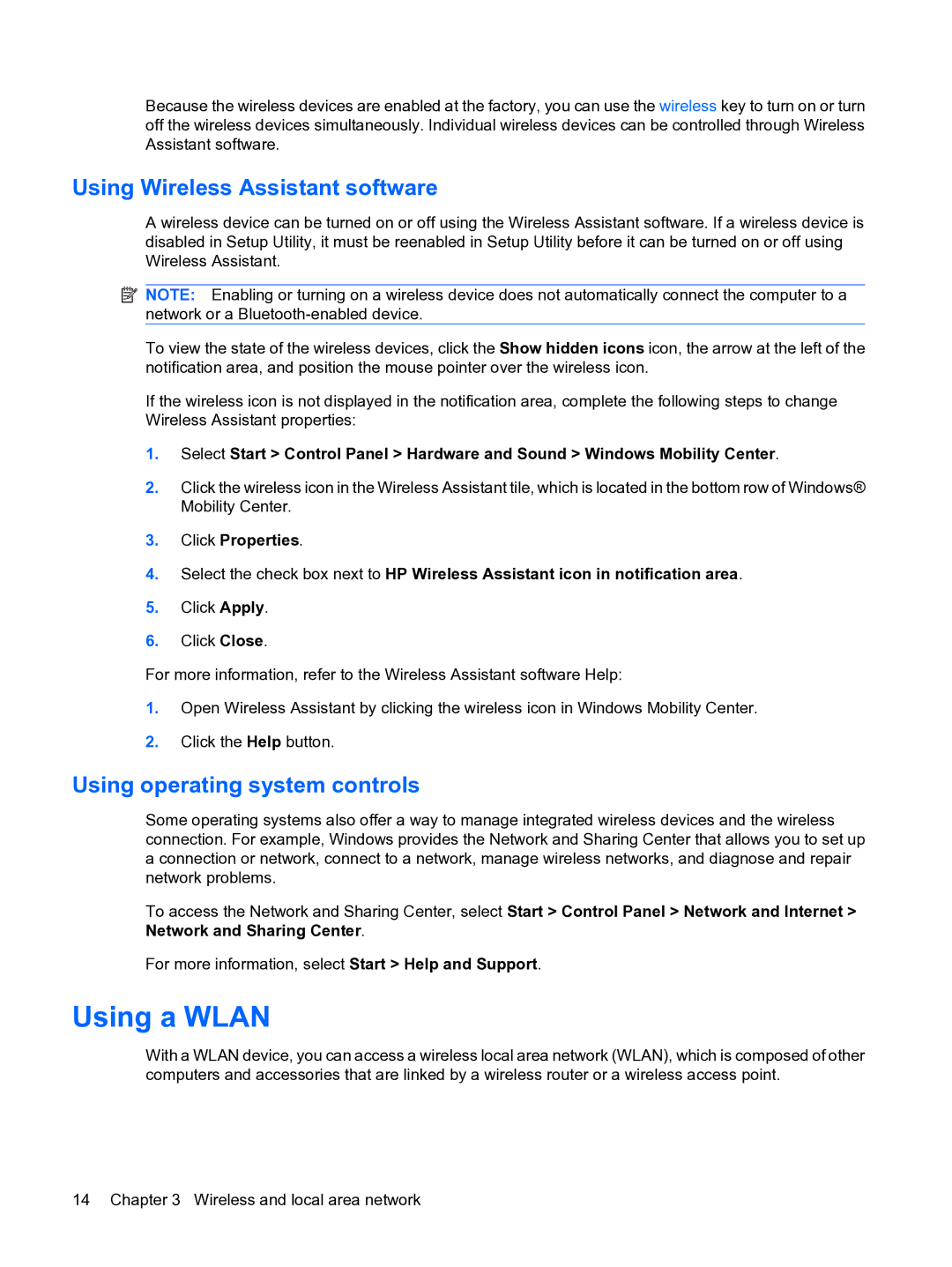 HP 13 manual Using a Wlan, Using Wireless Assistant software, Using operating system controls 