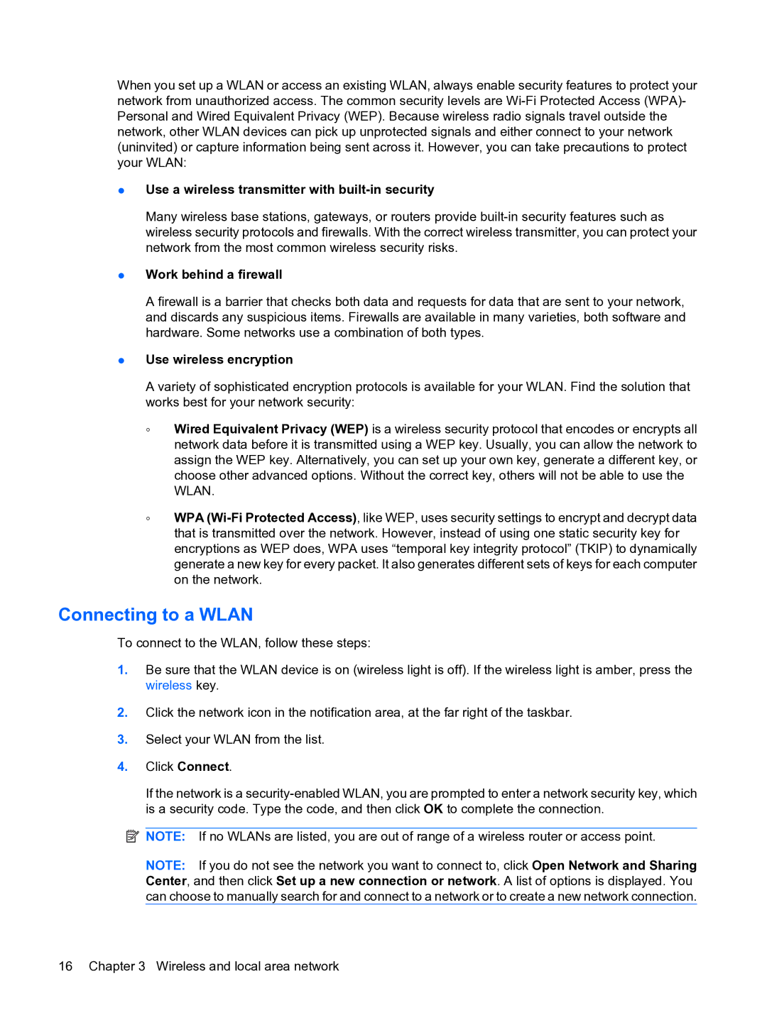 HP 13 manual Connecting to a Wlan, Use a wireless transmitter with built-in security 