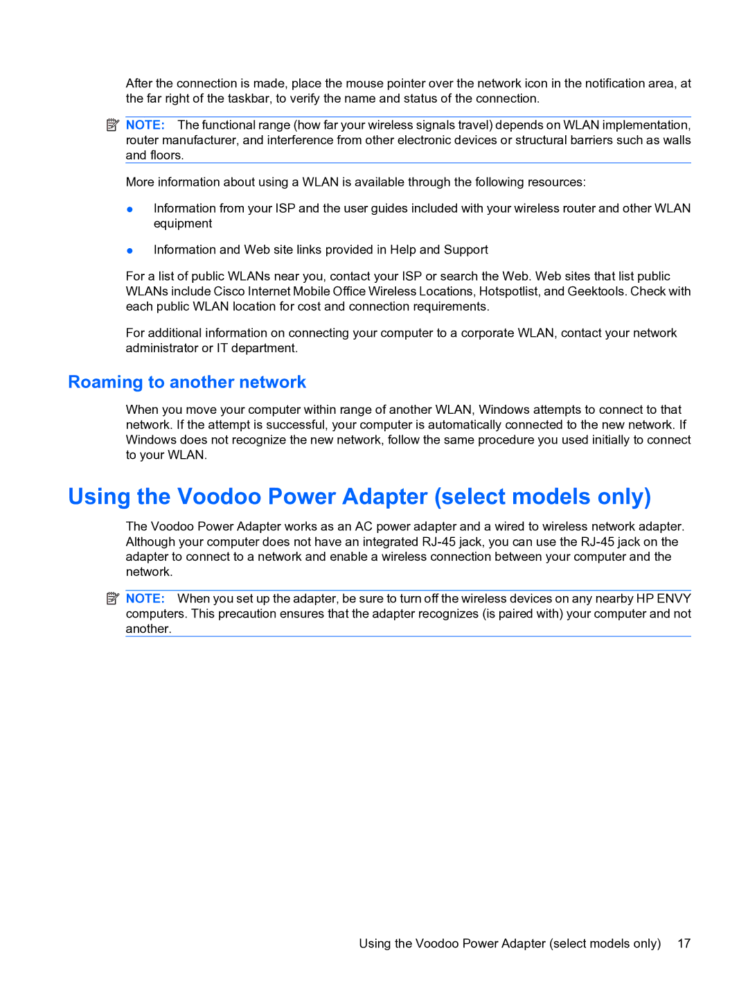 HP 13 manual Using the Voodoo Power Adapter select models only, Roaming to another network 