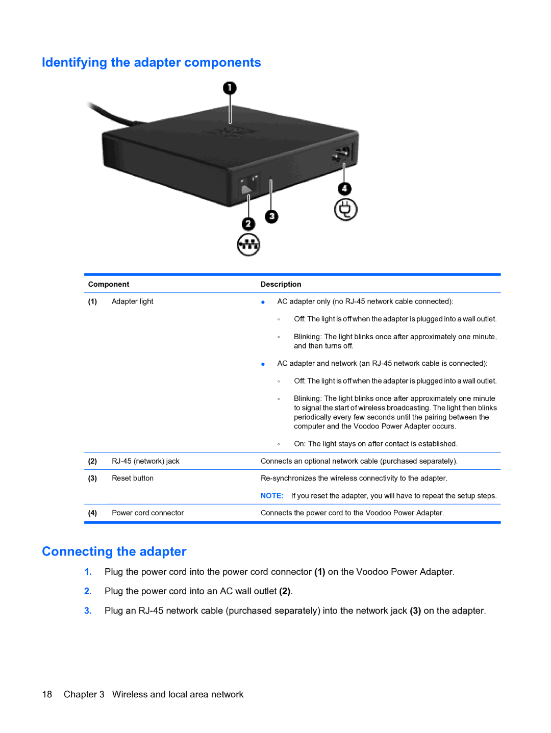 HP 13 manual Identifying the adapter components, Connecting the adapter 