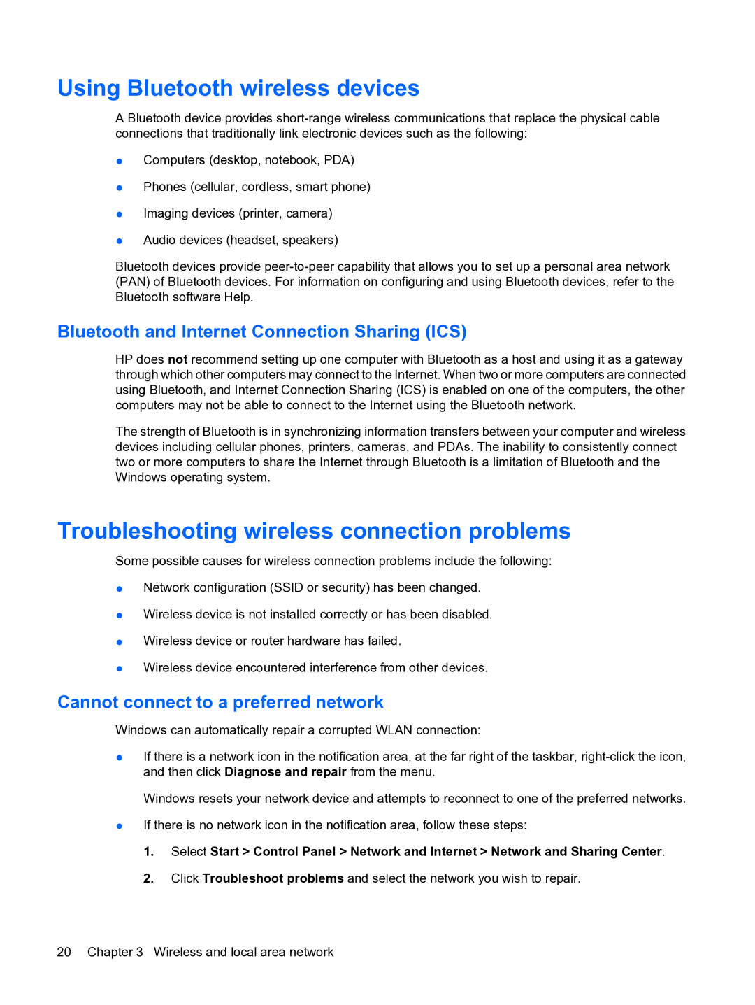 HP 13 manual Using Bluetooth wireless devices, Troubleshooting wireless connection problems 