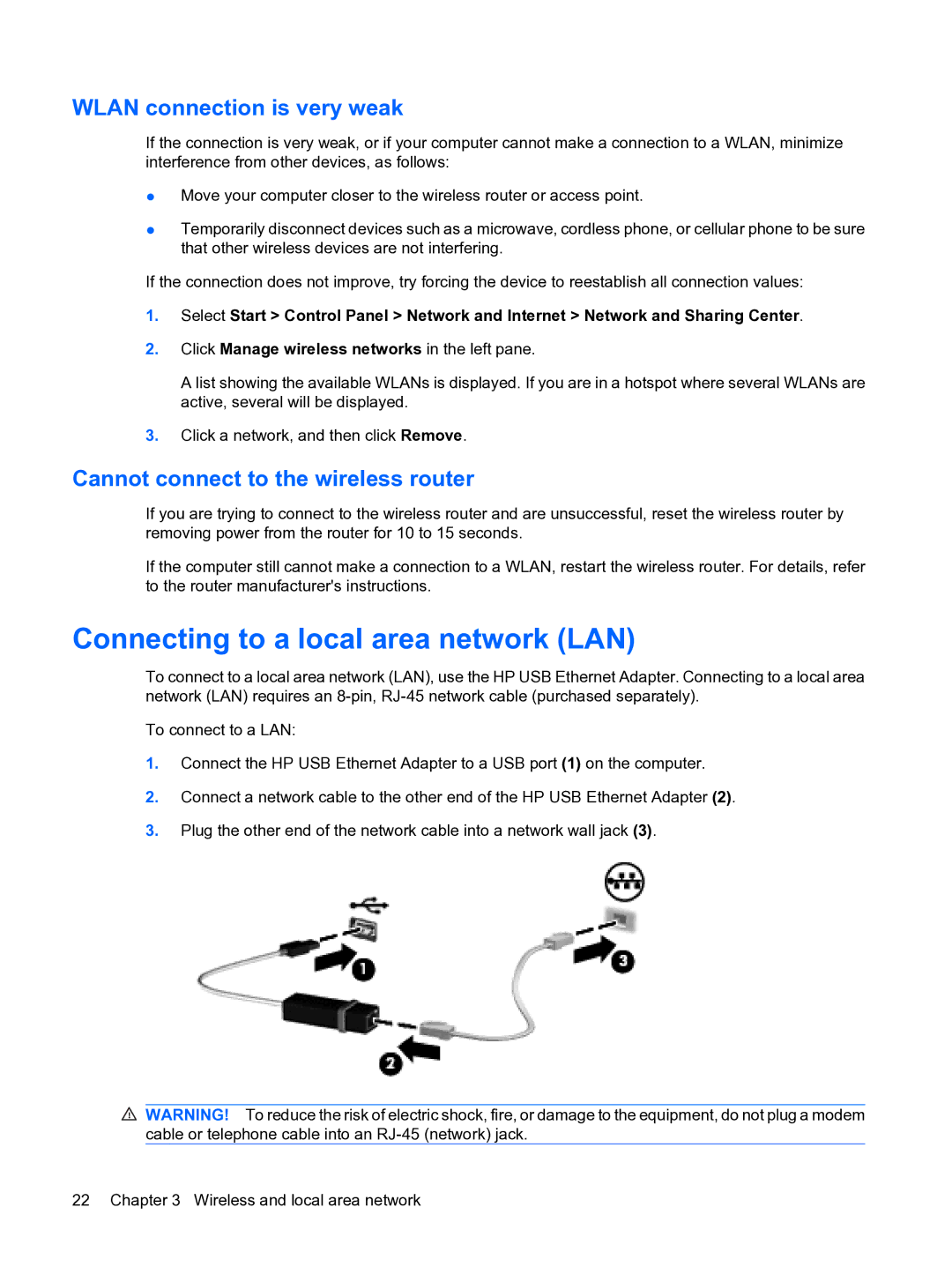 HP 13 manual Connecting to a local area network LAN, Wlan connection is very weak, Cannot connect to the wireless router 