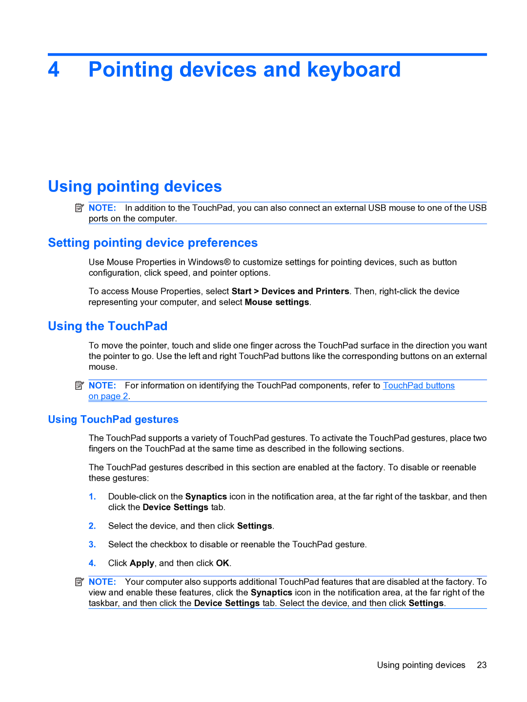 HP 13 manual Pointing devices and keyboard, Using pointing devices, Setting pointing device preferences, Using the TouchPad 