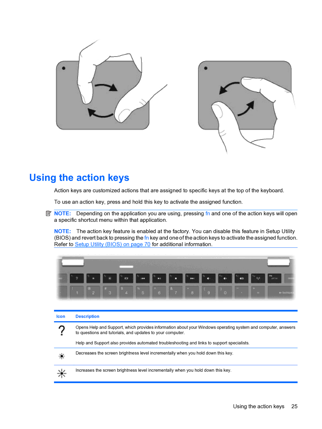 HP 13 manual Using the action keys, Icon Description 