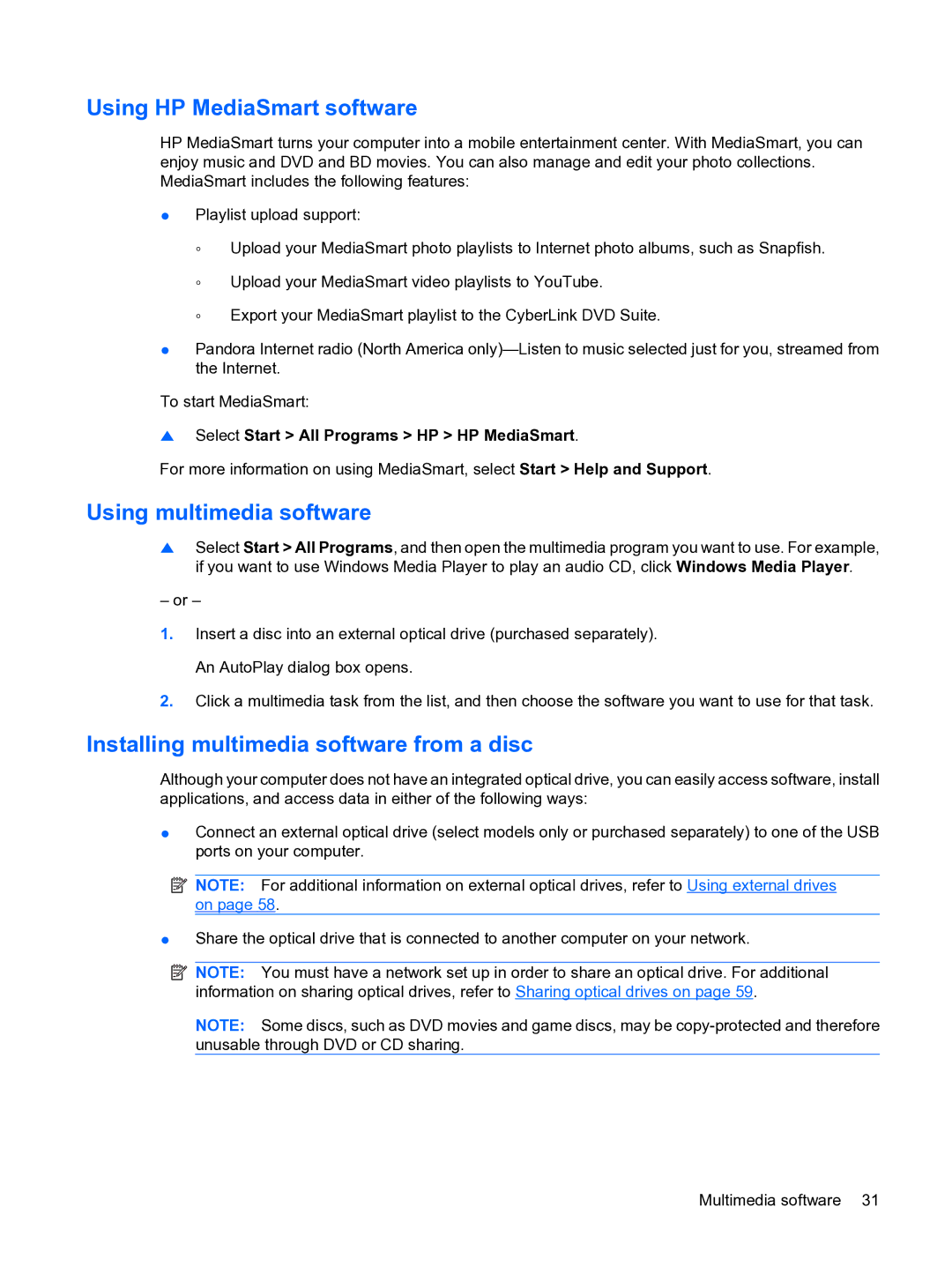 HP 13 manual Using HP MediaSmart software, Using multimedia software, Installing multimedia software from a disc 