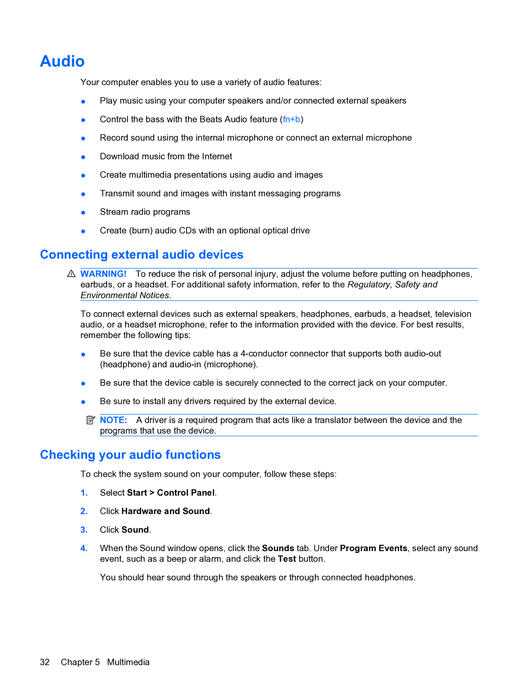 HP 13 manual Audio, Connecting external audio devices, Checking your audio functions 