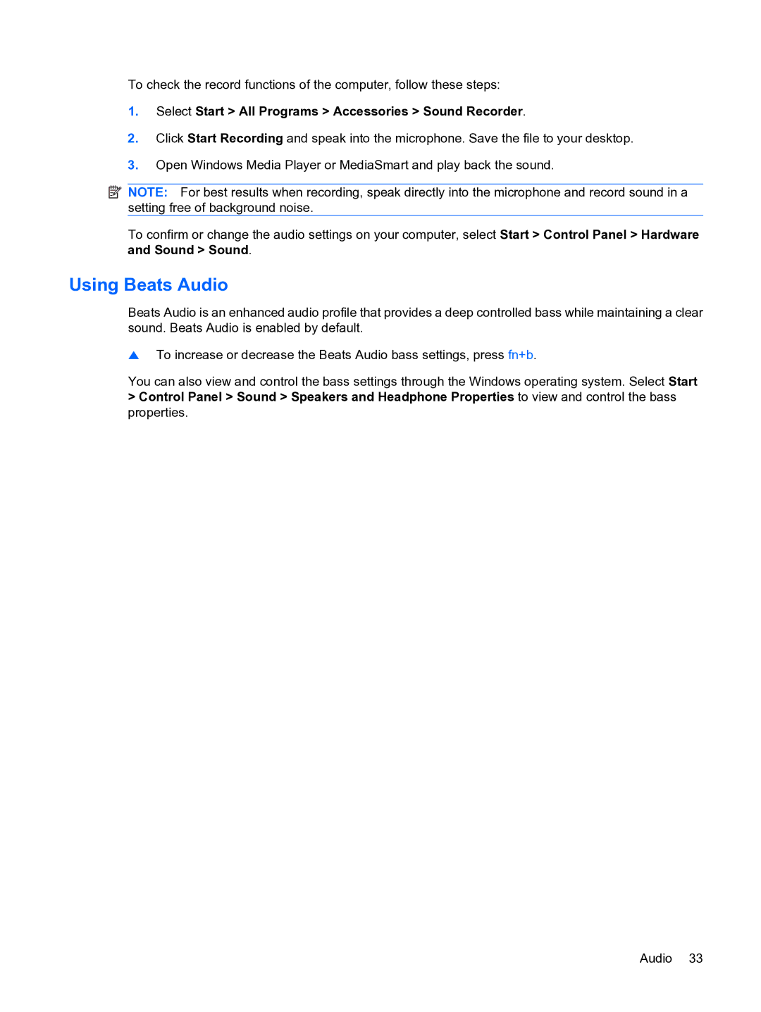HP 13 manual Using Beats Audio, Select Start All Programs Accessories Sound Recorder 