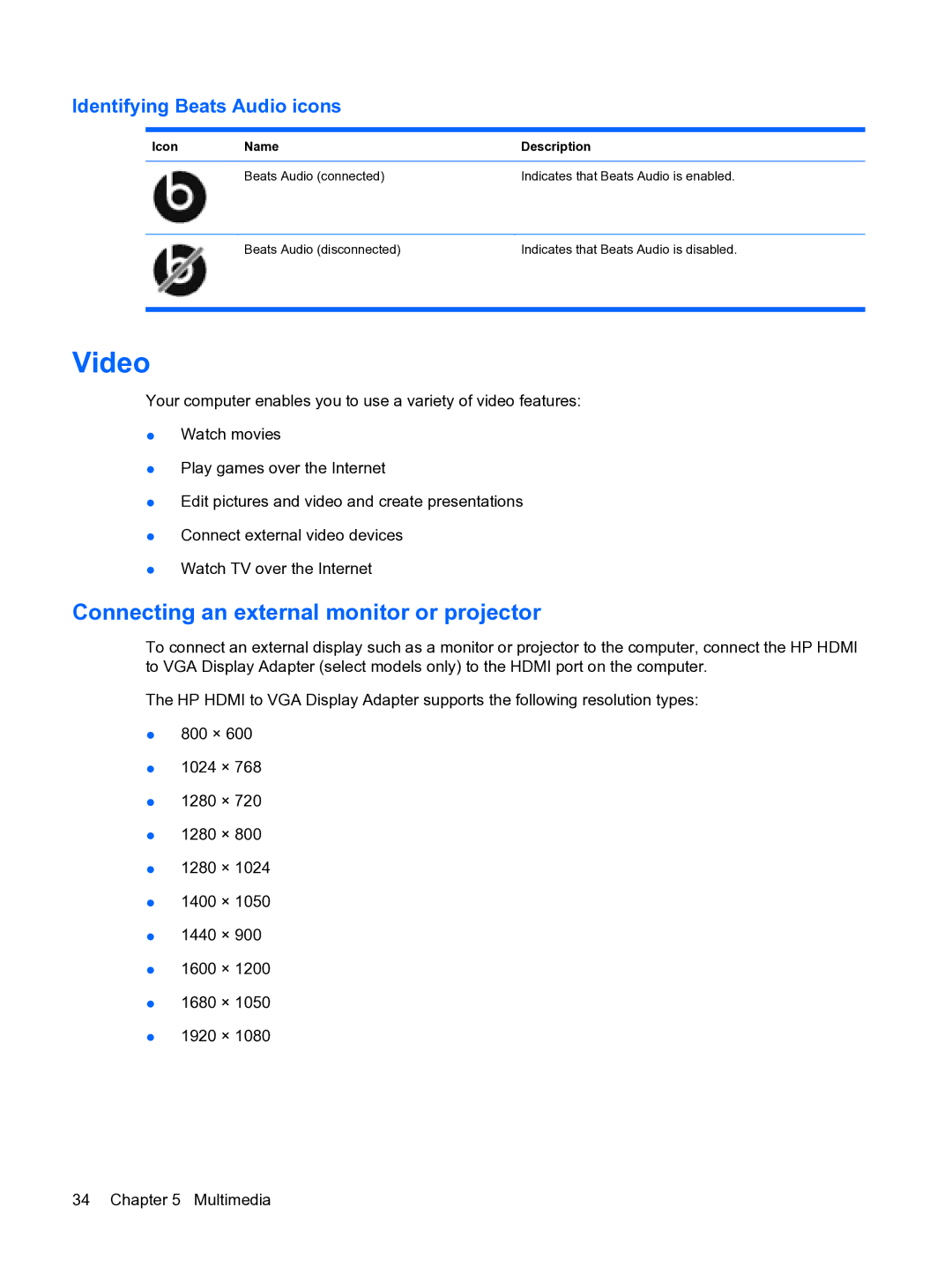 HP 13 manual Video, Connecting an external monitor or projector, Identifying Beats Audio icons 