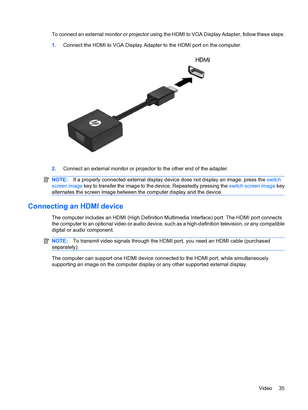 HP 13 manual Connecting an Hdmi device 