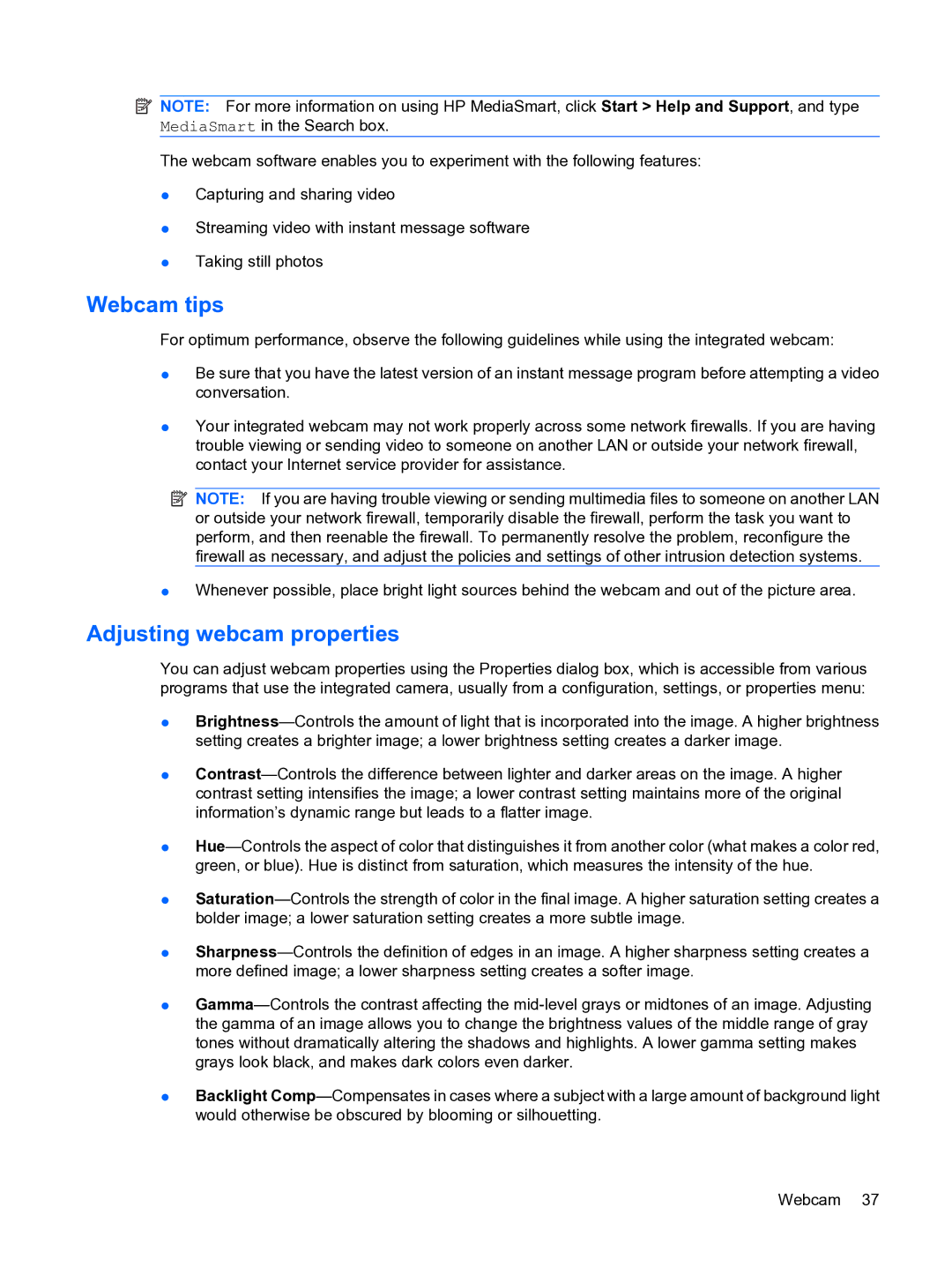 HP 13 manual Webcam tips, Adjusting webcam properties 