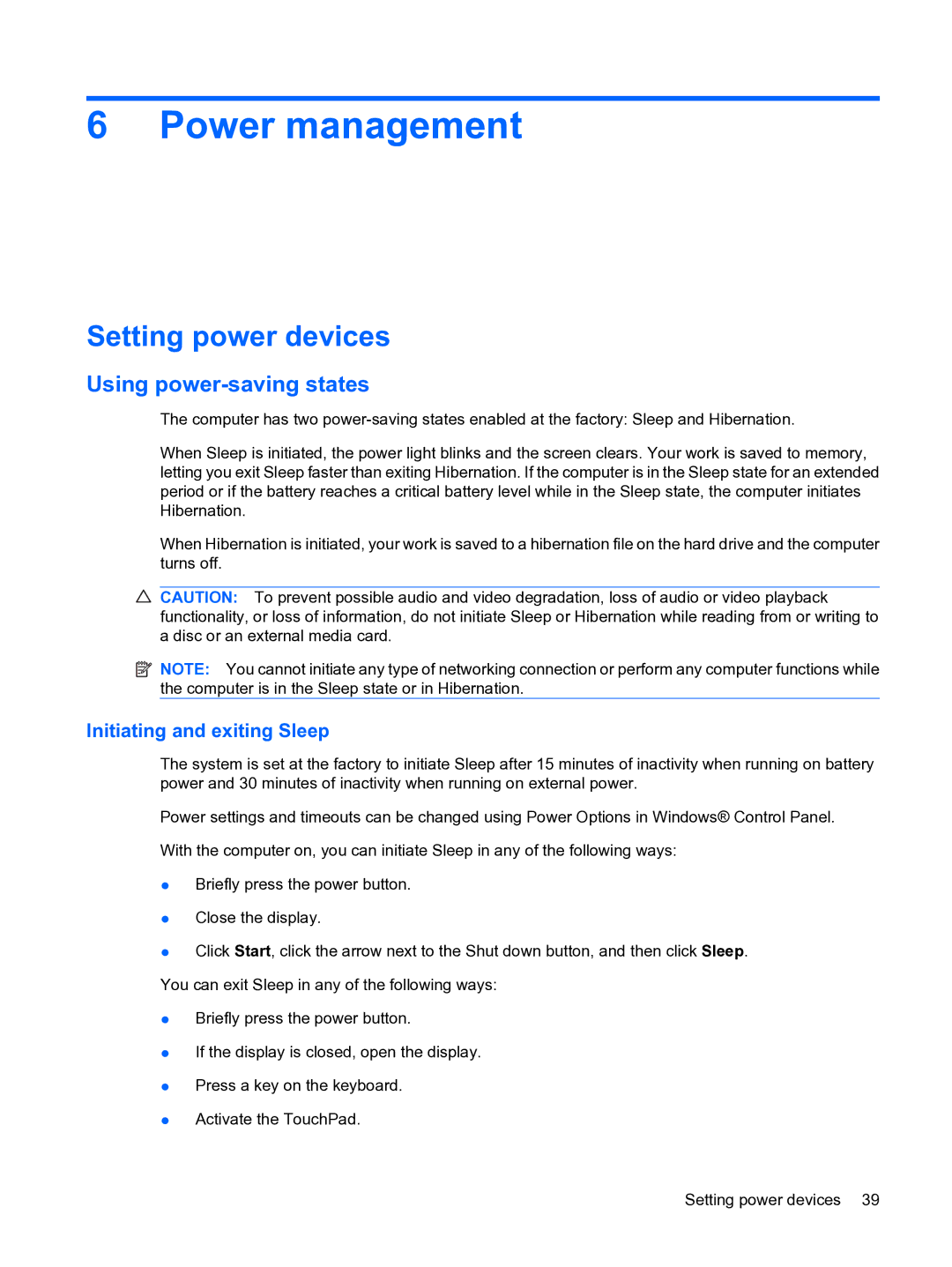 HP 13 manual Power management, Setting power devices, Using power-saving states, Initiating and exiting Sleep 