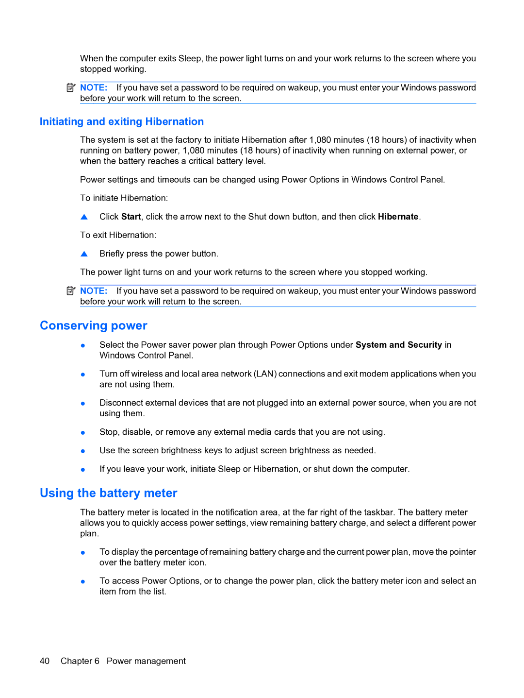 HP 13 manual Conserving power, Using the battery meter, Initiating and exiting Hibernation 