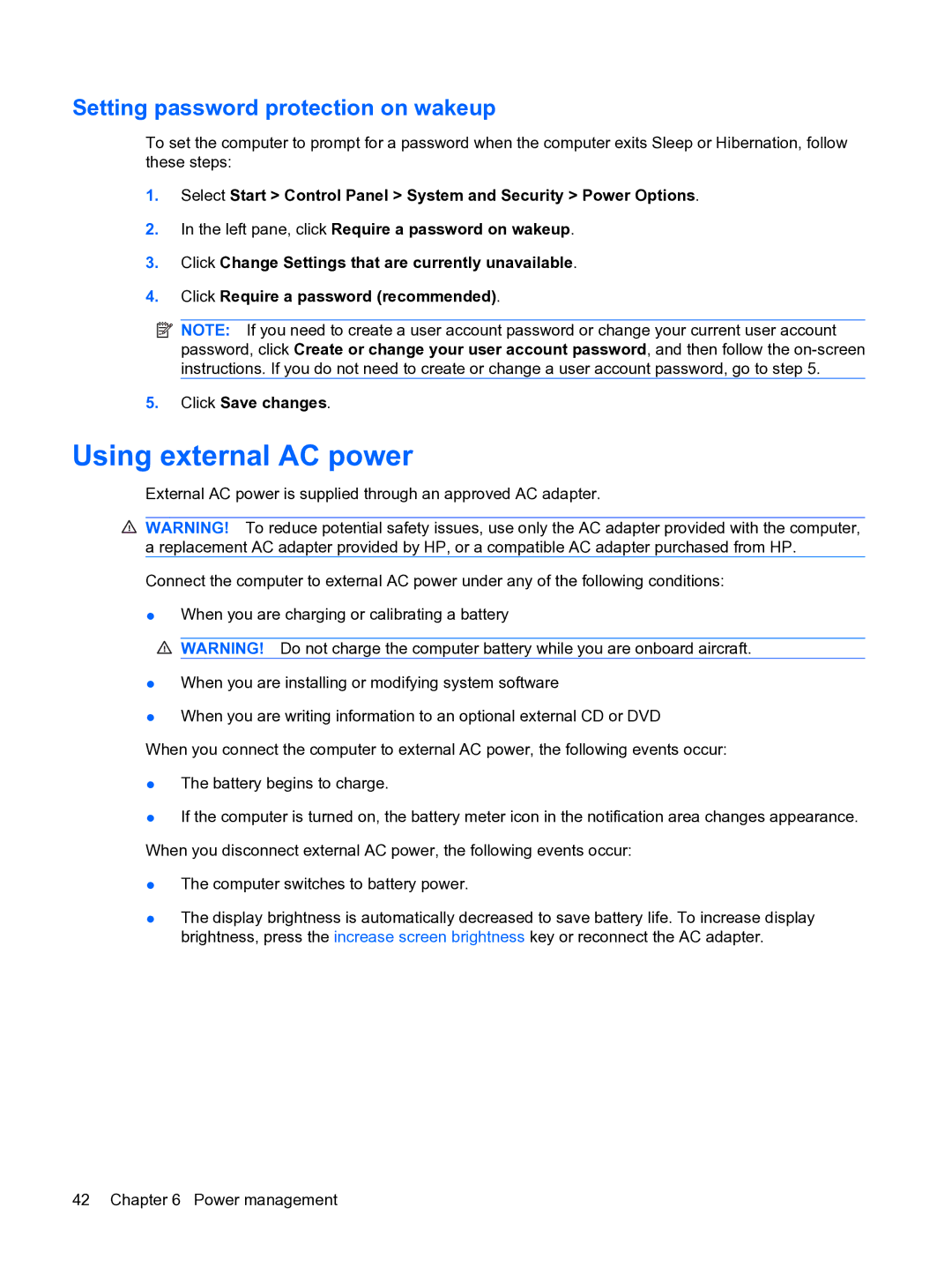 HP 13 manual Using external AC power, Setting password protection on wakeup 