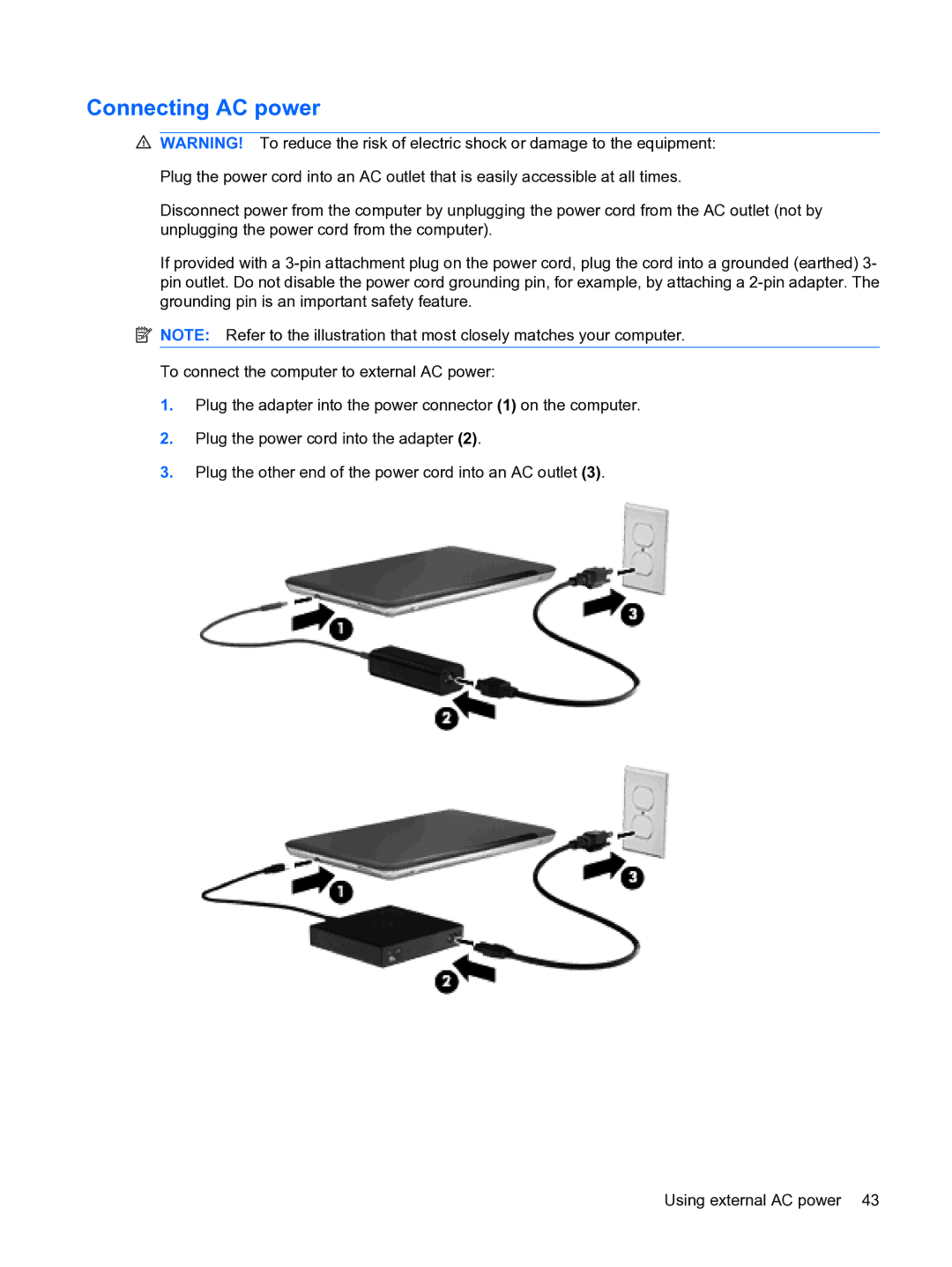 HP 13 manual Connecting AC power 