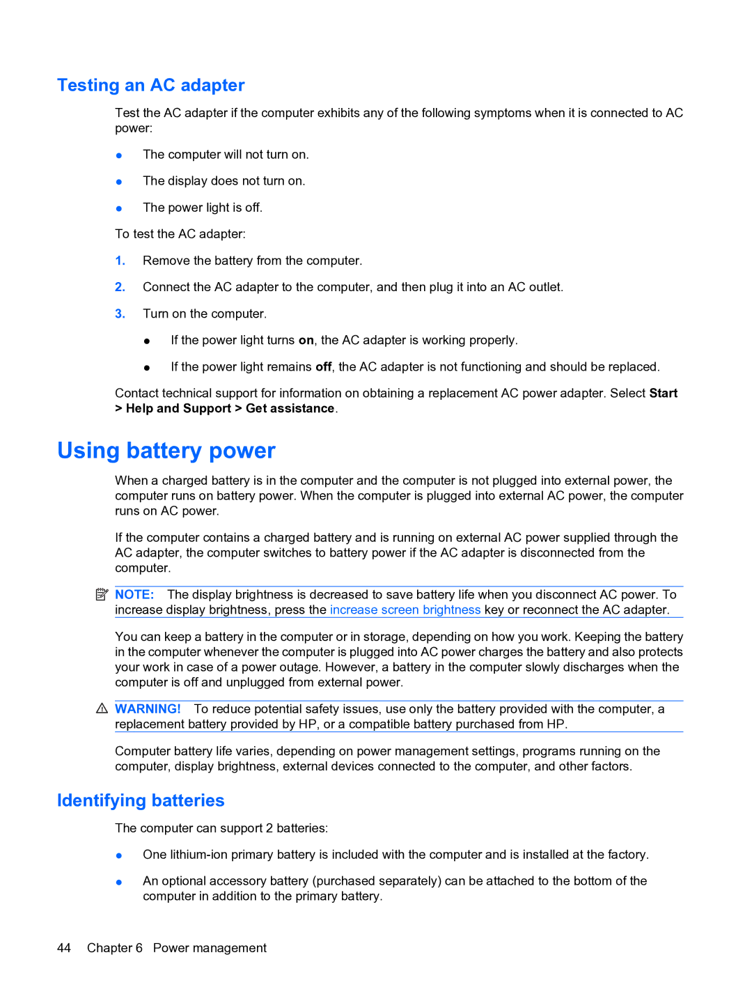 HP 13 manual Using battery power, Testing an AC adapter, Identifying batteries 