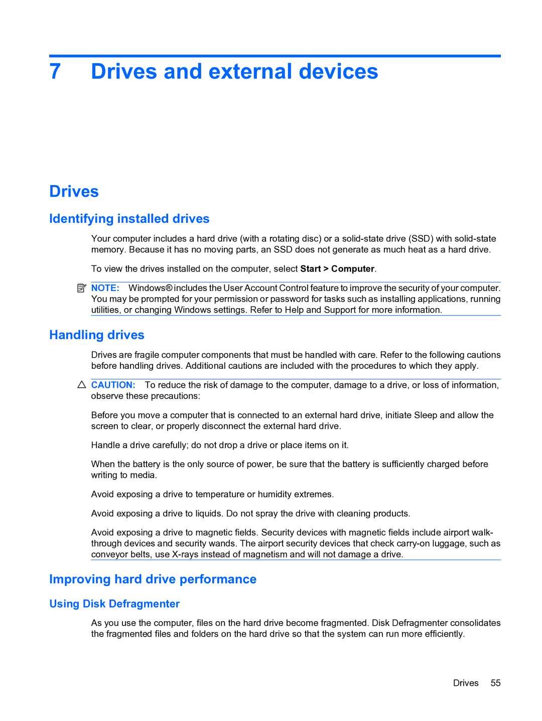 HP 13 manual Drives and external devices, Identifying installed drives, Handling drives, Improving hard drive performance 