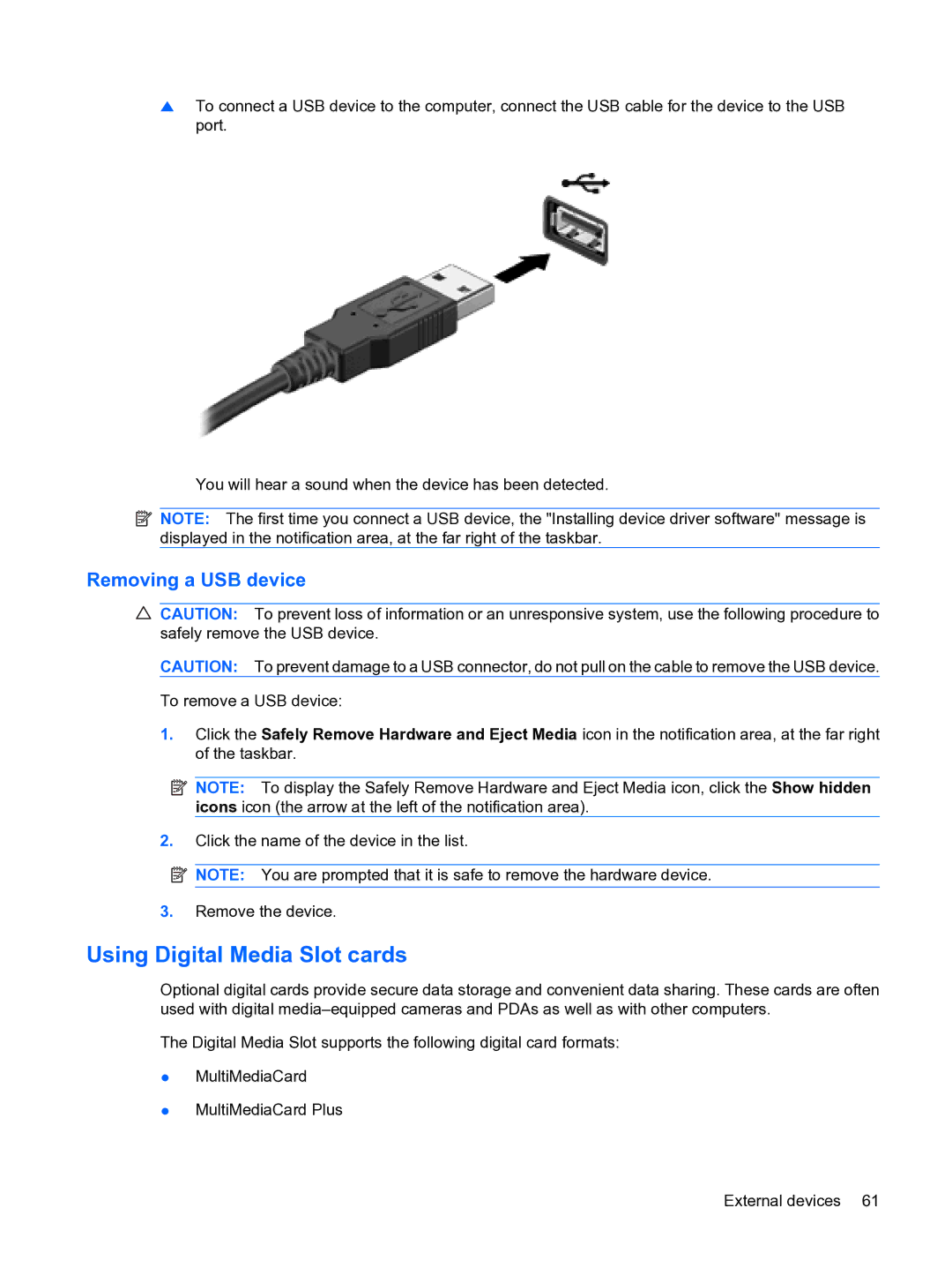 HP 13 manual Using Digital Media Slot cards, Removing a USB device 