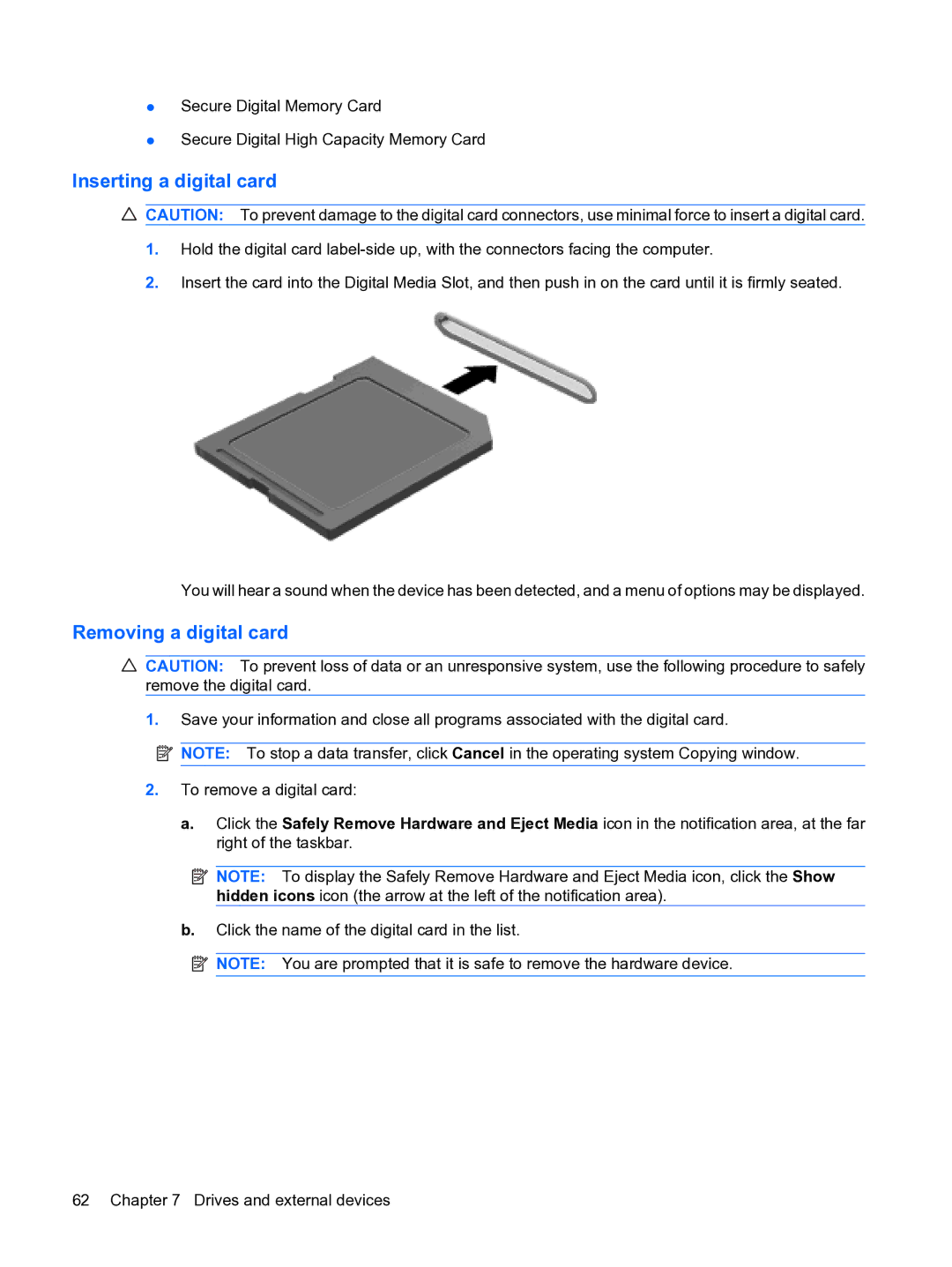 HP 13 manual Inserting a digital card, Removing a digital card 