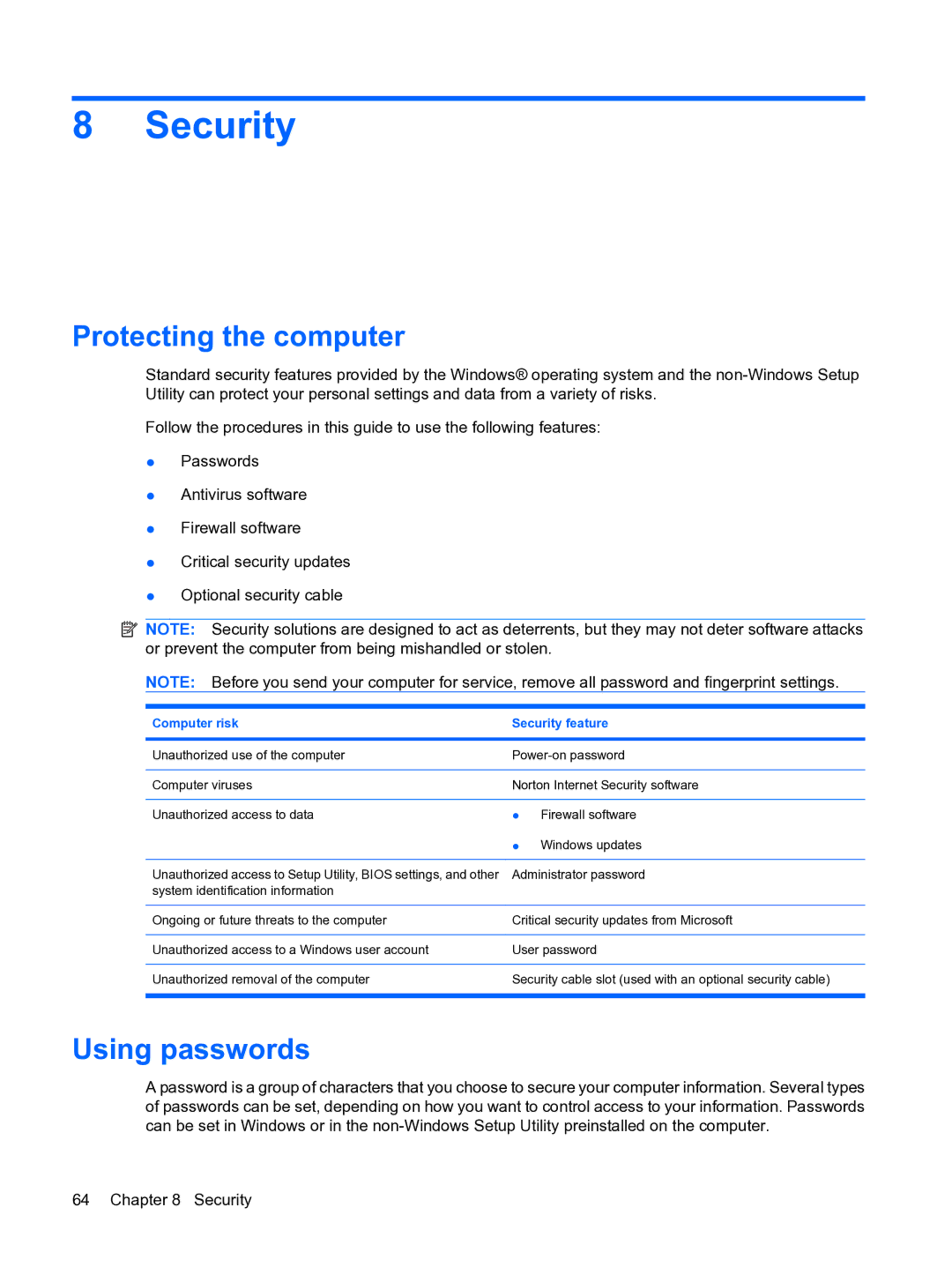 HP 13 manual Security, Protecting the computer, Using passwords 