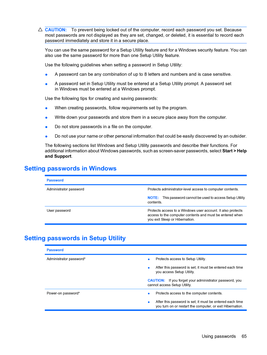 HP 13 manual Setting passwords in Windows, Setting passwords in Setup Utility 