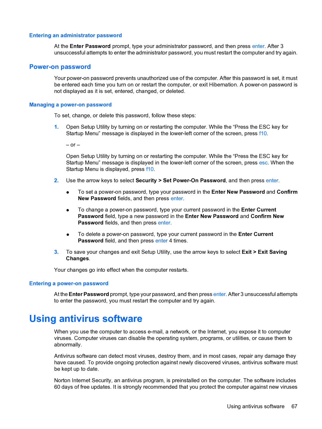 HP 13 manual Using antivirus software, Power-on password 