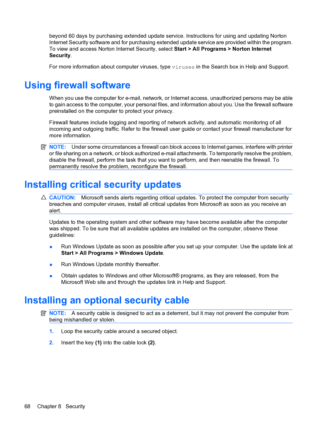 HP 13 manual Using firewall software, Installing critical security updates, Installing an optional security cable 