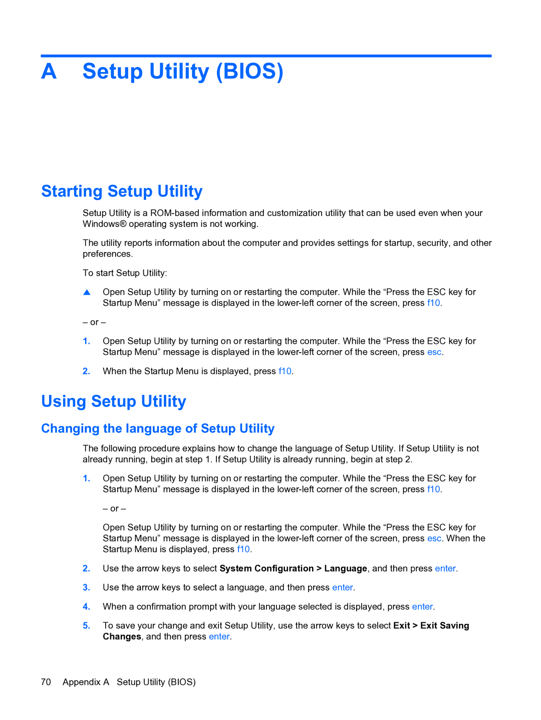 HP 13 manual Setup Utility Bios, Starting Setup Utility, Using Setup Utility, Changing the language of Setup Utility 