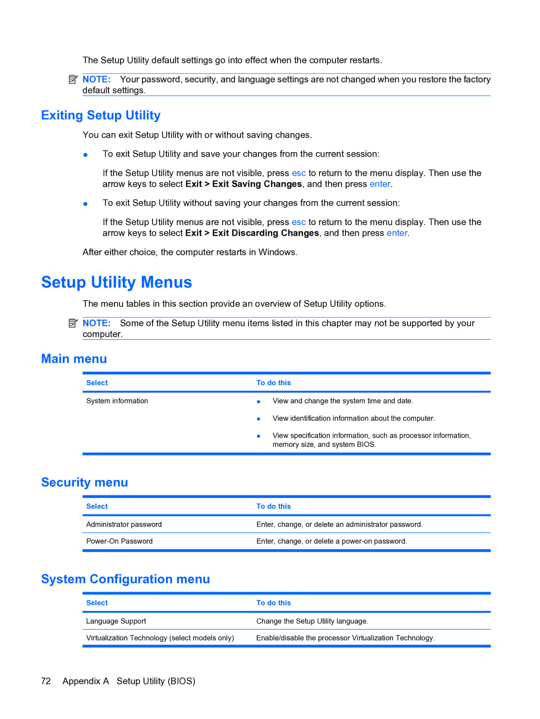 HP 13 manual Setup Utility Menus, Exiting Setup Utility, Main menu, Security menu, System Configuration menu 