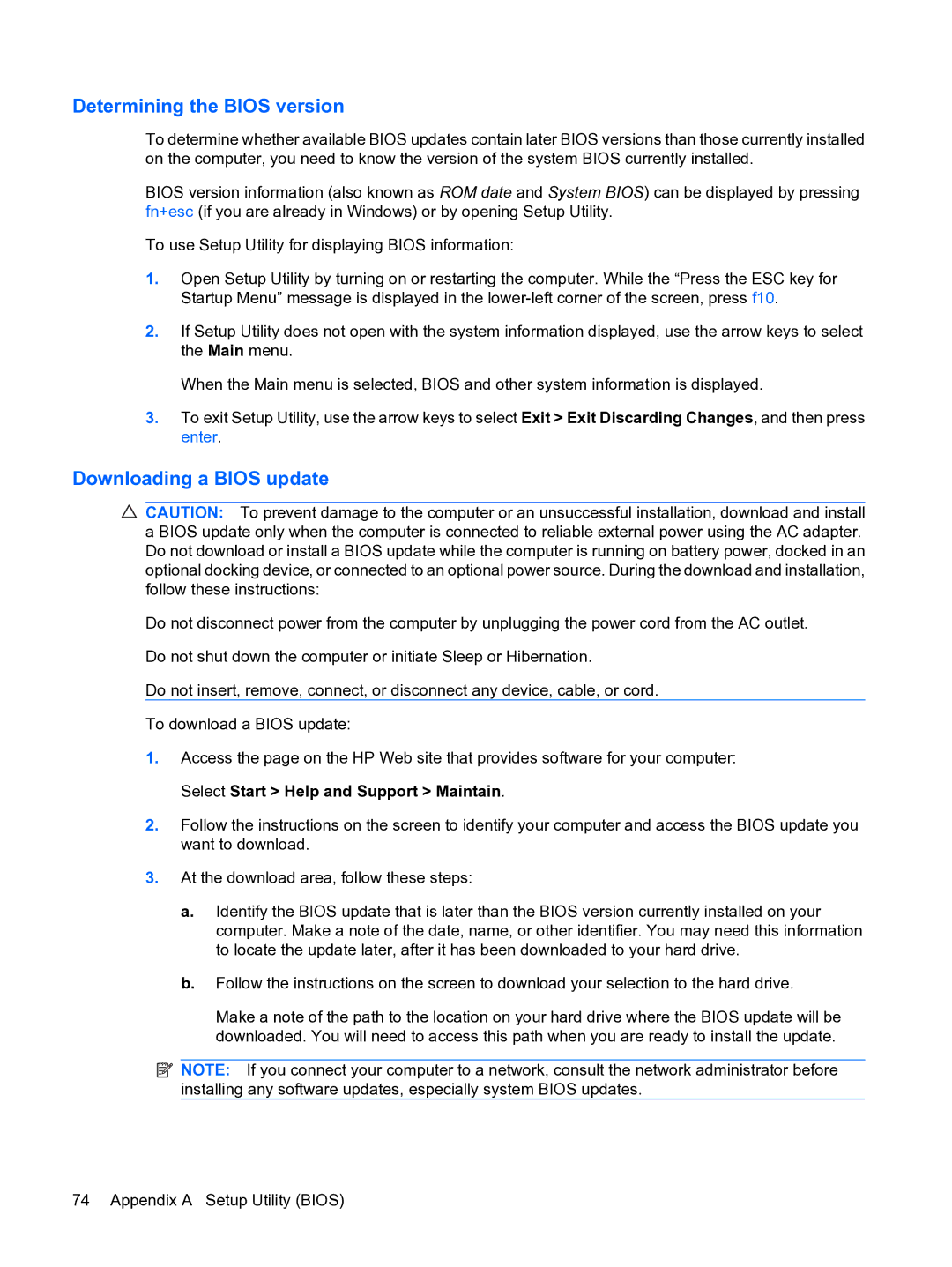 HP 13 manual Determining the Bios version, Downloading a Bios update 