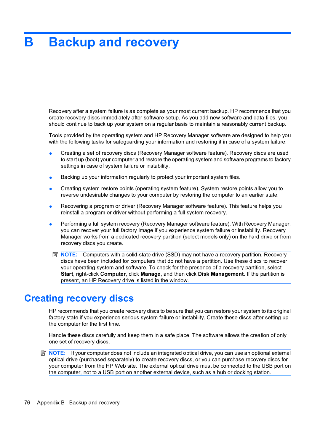 HP 13 manual Backup and recovery, Creating recovery discs 