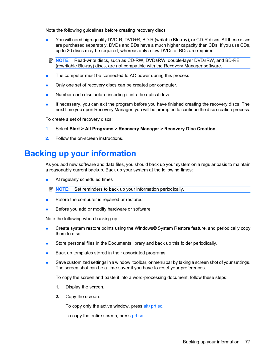 HP 13 manual Backing up your information 