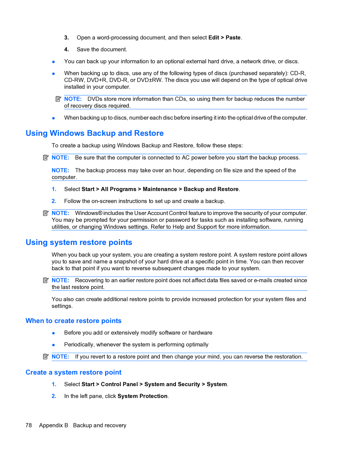 HP 13 manual Using Windows Backup and Restore, Using system restore points, When to create restore points 