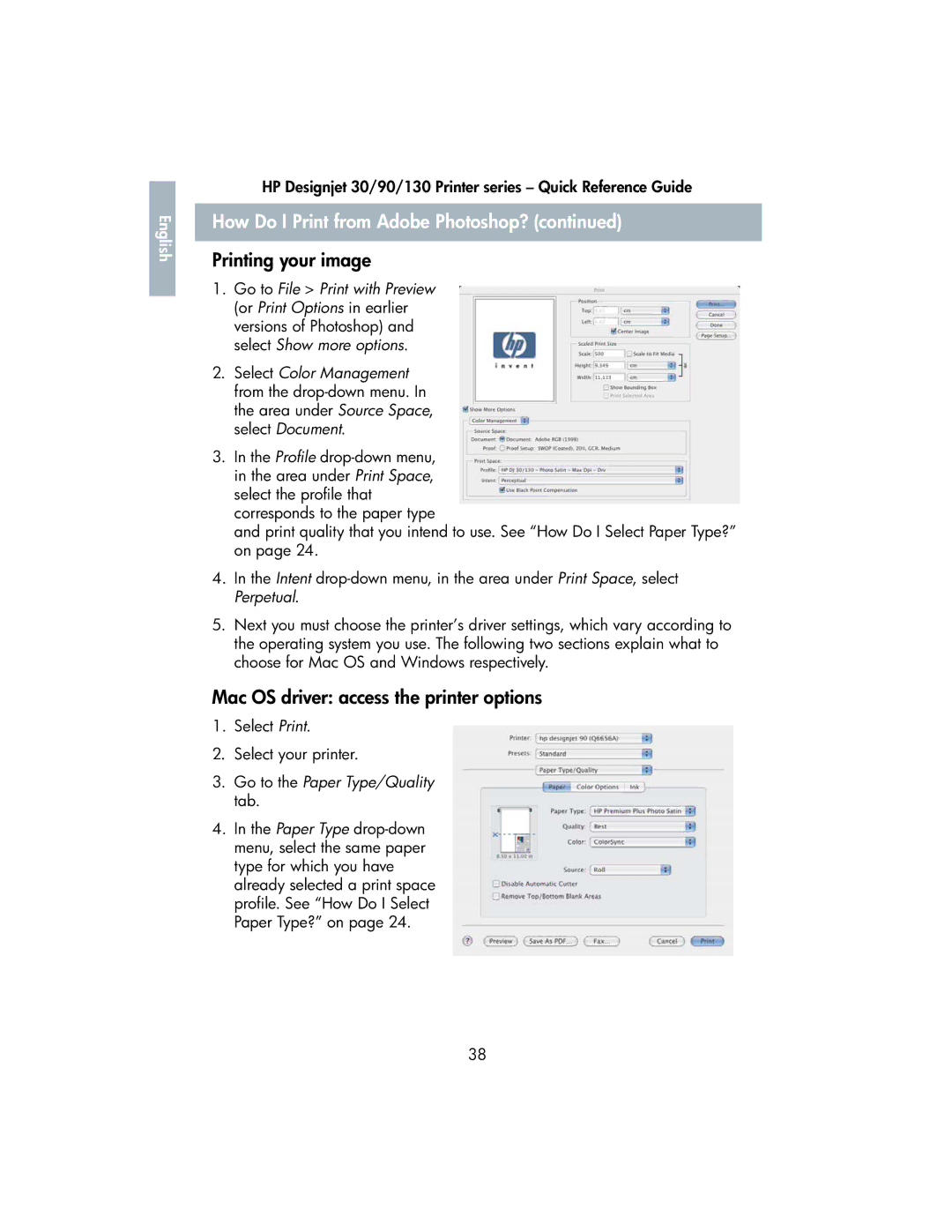 HP 130 manual Printing your image, Mac OS driver access the printer options 