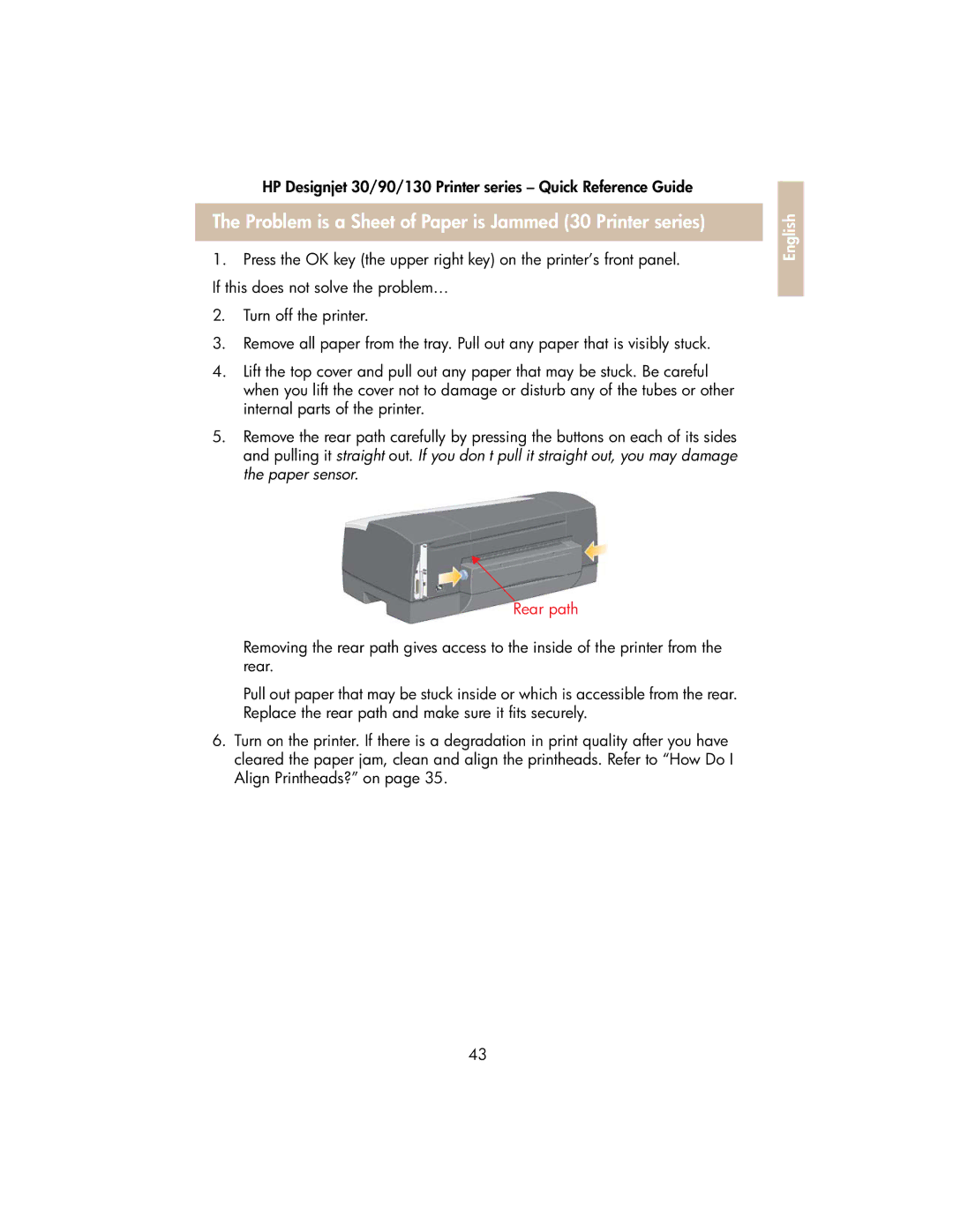 HP 130 manual Problem is a Sheet of Paper is Jammed 30 Printer series, Rear path 