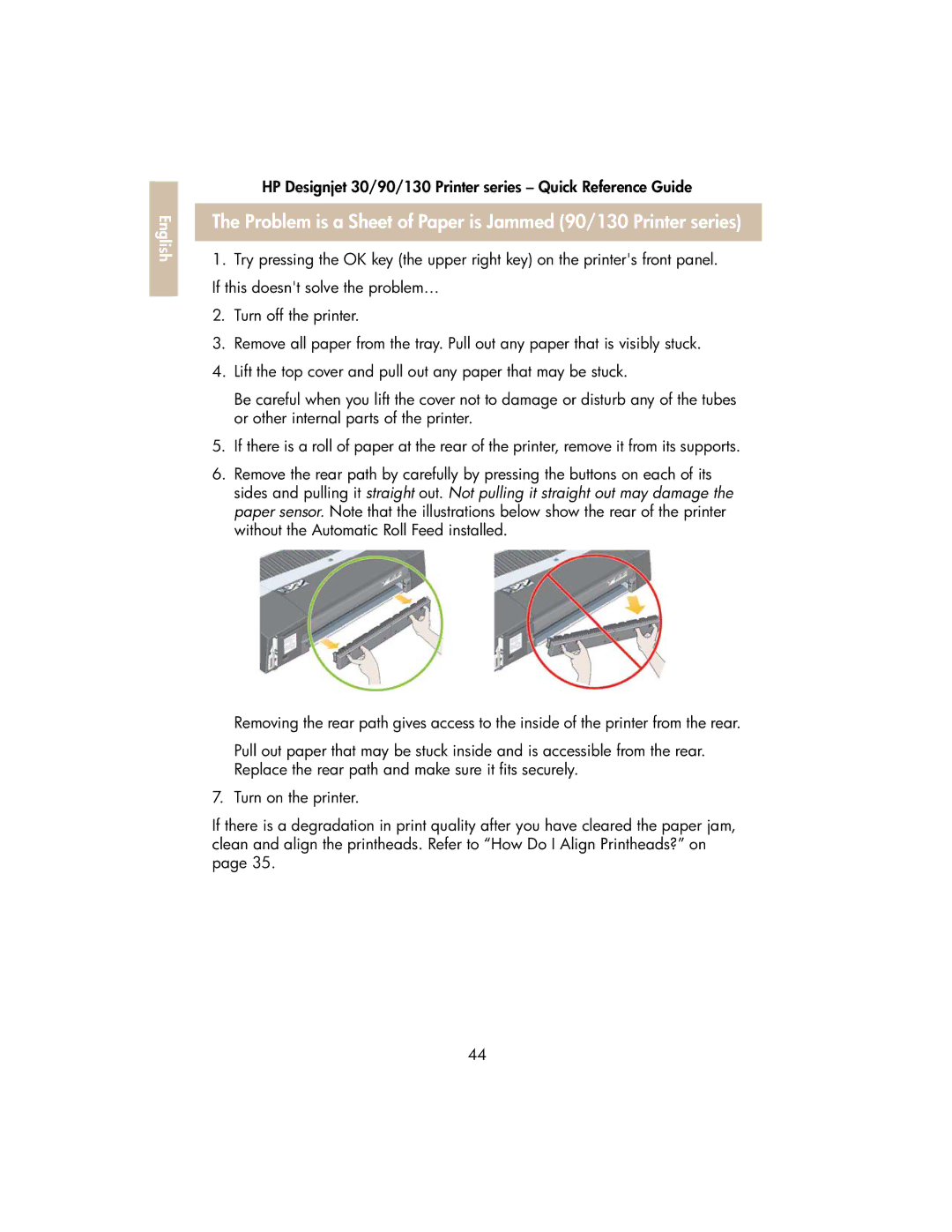 HP manual Problem is a Sheet of Paper is Jammed 90/130 Printer series 