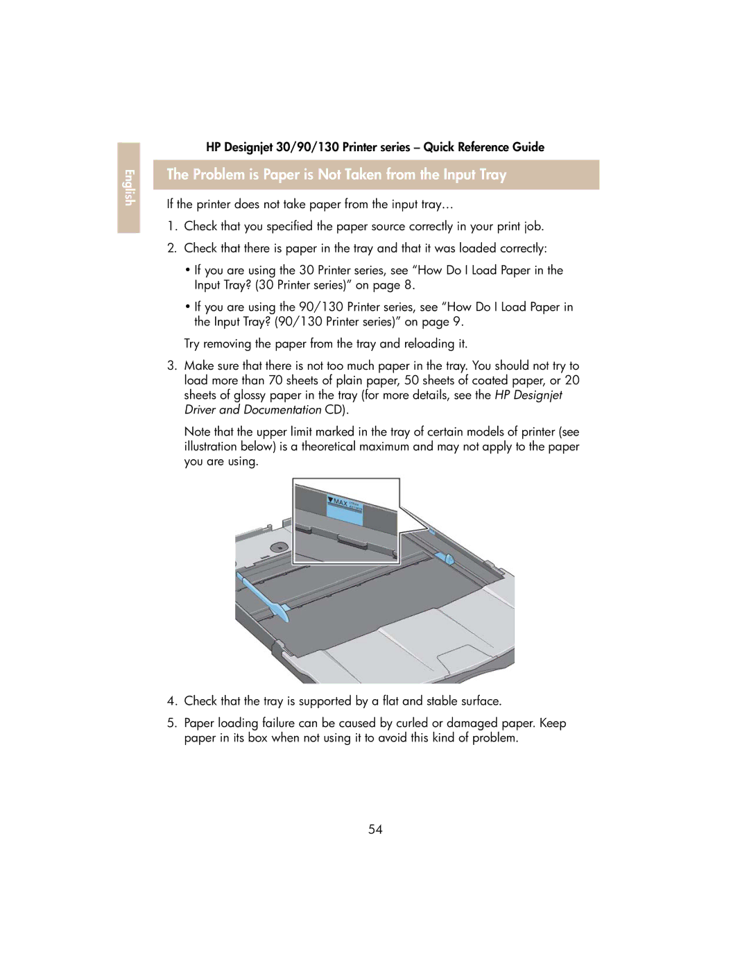 HP 130 manual Problem is Paper is Not Taken from the Input Tray 