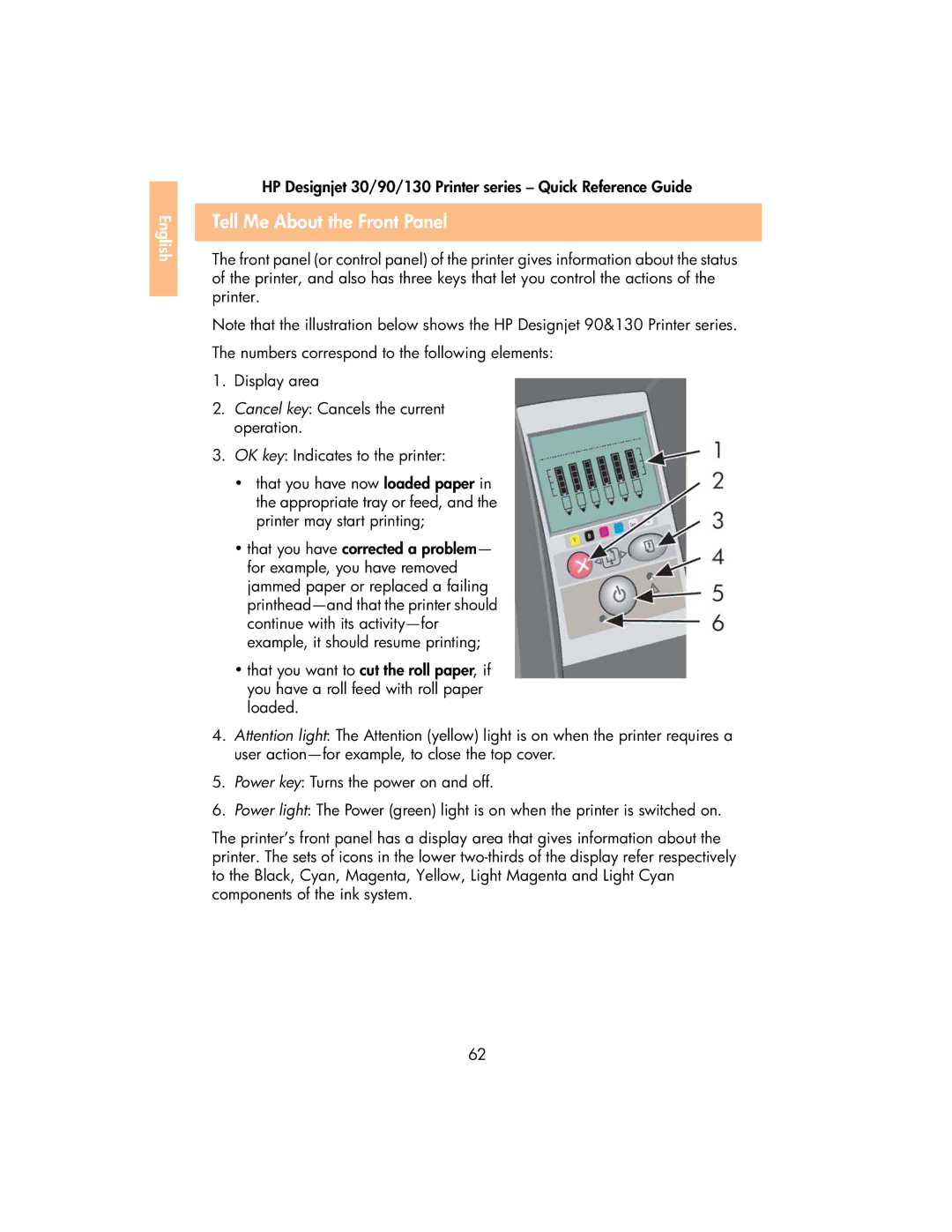 HP 130 manual Tell Me About the Front Panel 