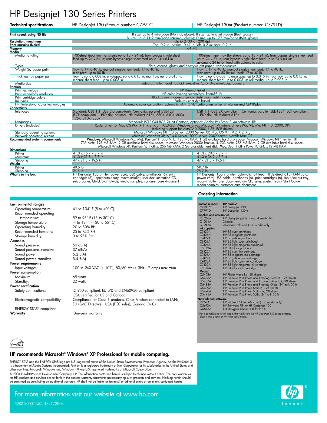 HP 130 manual Technical specifications 