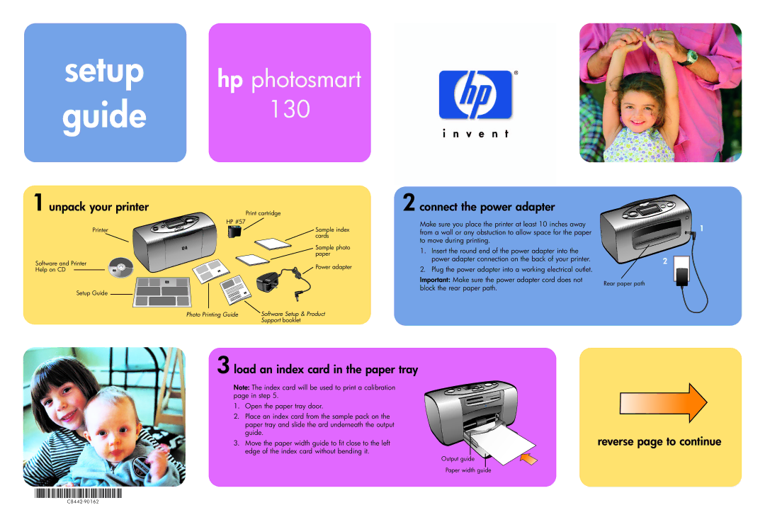 HP 130 manual Unpack your printer, Connect the power adapter, Load an index card in the paper tray 