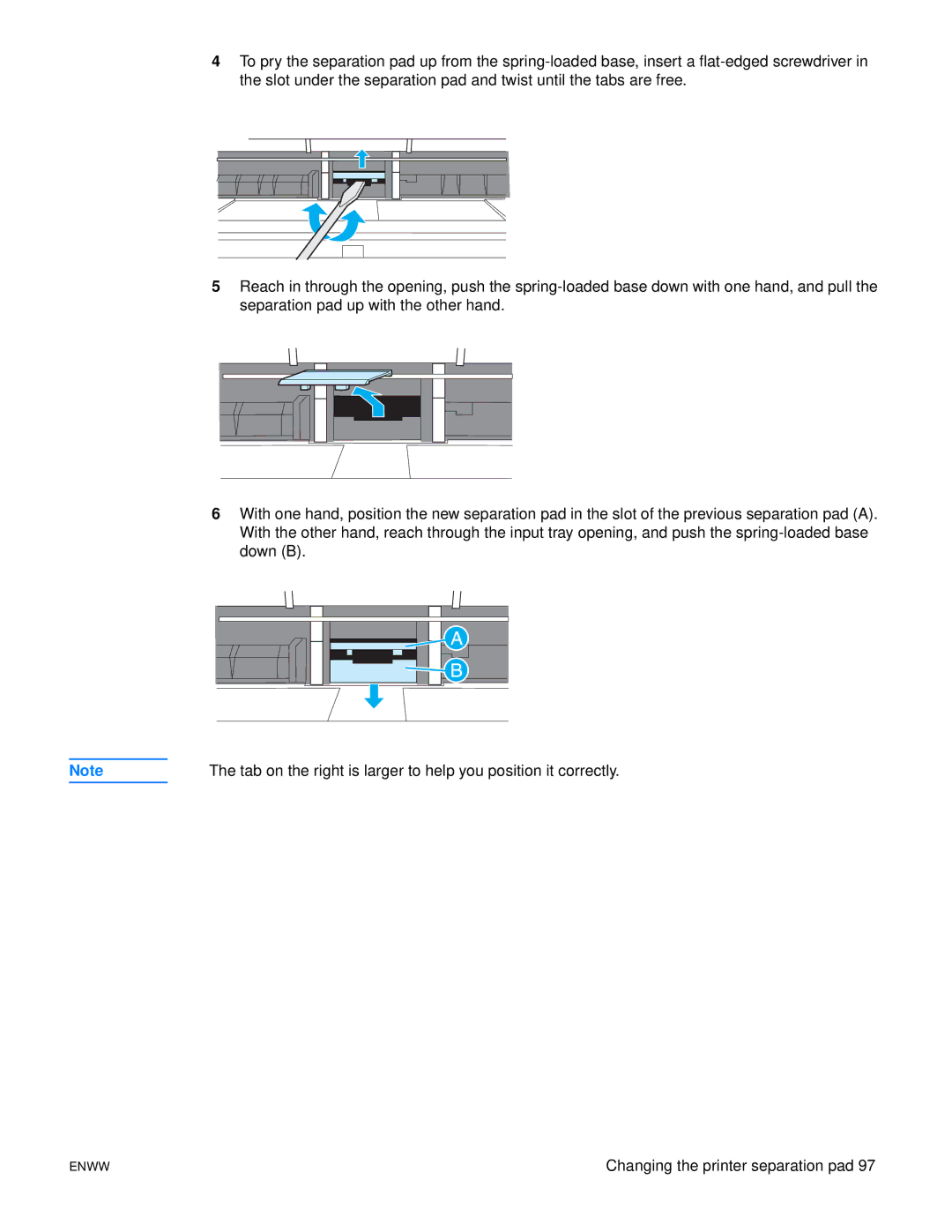 HP 1150, 1300 manual Tab on the right is larger to help you position it correctly 