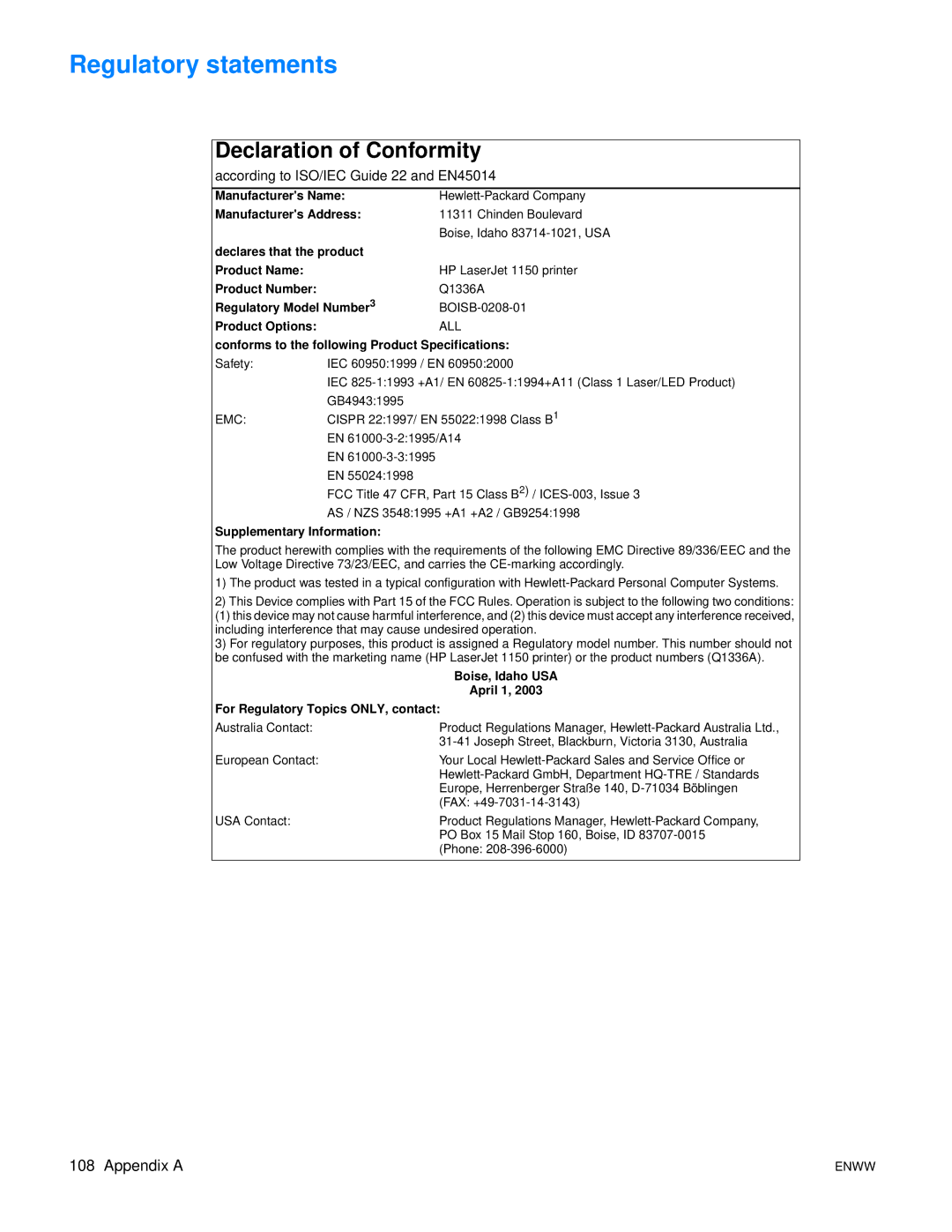 HP 1300, 1150 manual Regulatory statements, Declaration of Conformity 