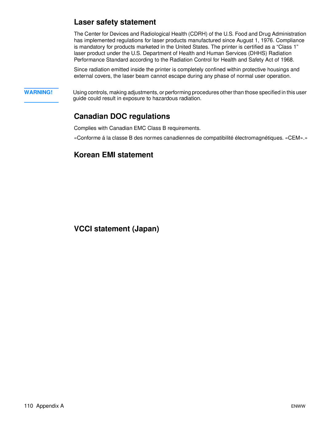 HP 1300, 1150 manual Laser safety statement, Canadian DOC regulations, Korean EMI statement Vcci statement Japan 
