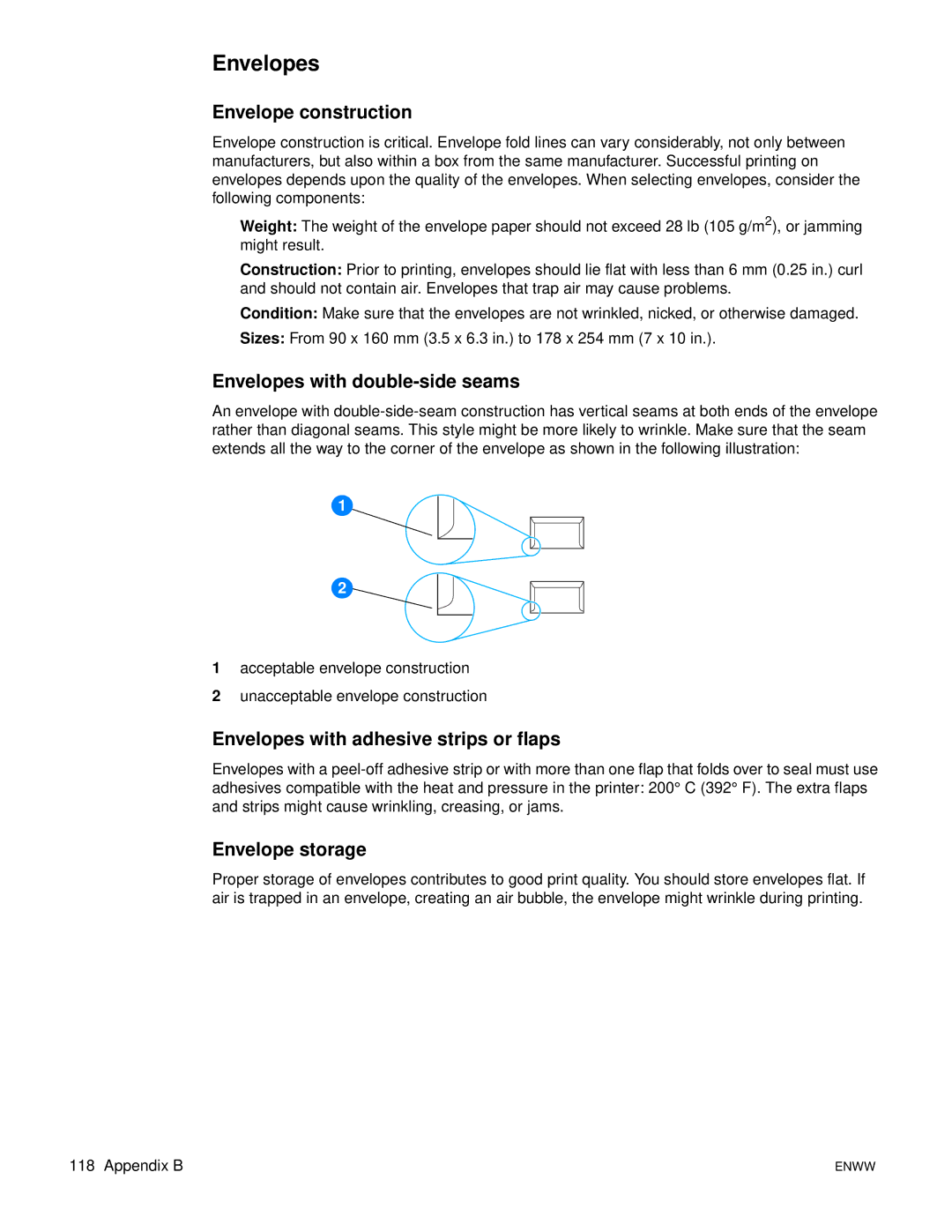 HP 1300, 1150 manual Envelope construction, Envelopes with double-side seams, Envelopes with adhesive strips or flaps 