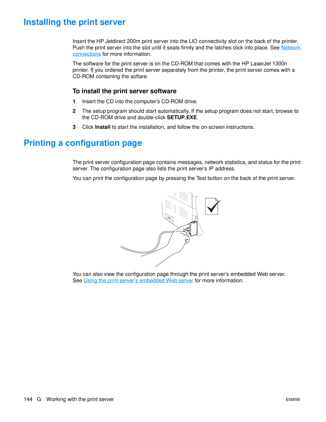 HP 1300, 1150 manual Installing the print server, Printing a configuration, To install the print server software 