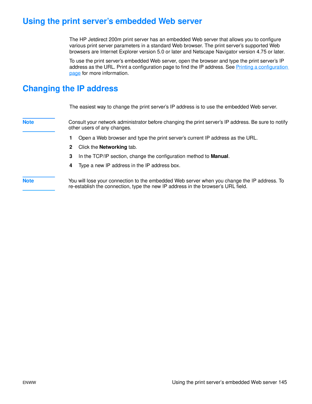 HP 1150, 1300 manual Using the print server’s embedded Web server, Changing the IP address 