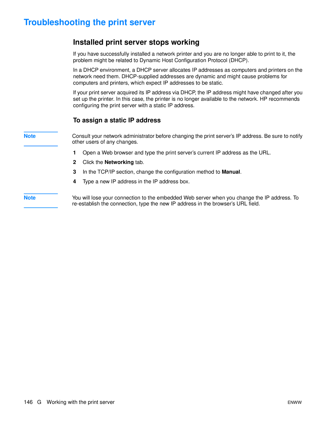 HP 1300, 1150 manual Troubleshooting the print server, Installed print server stops working, To assign a static IP address 
