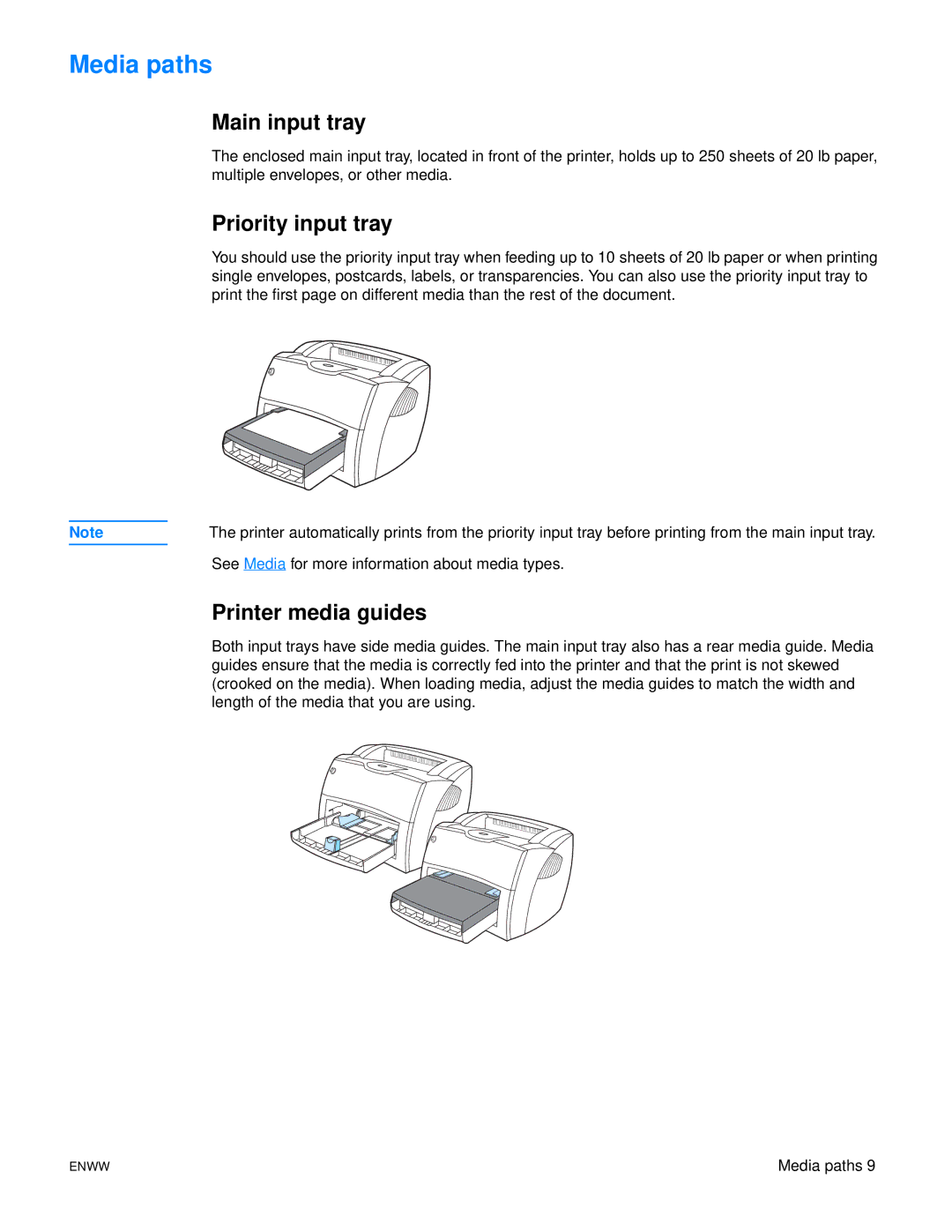 HP 1150, 1300 manual Media paths, Main input tray, Priority input tray, Printer media guides 