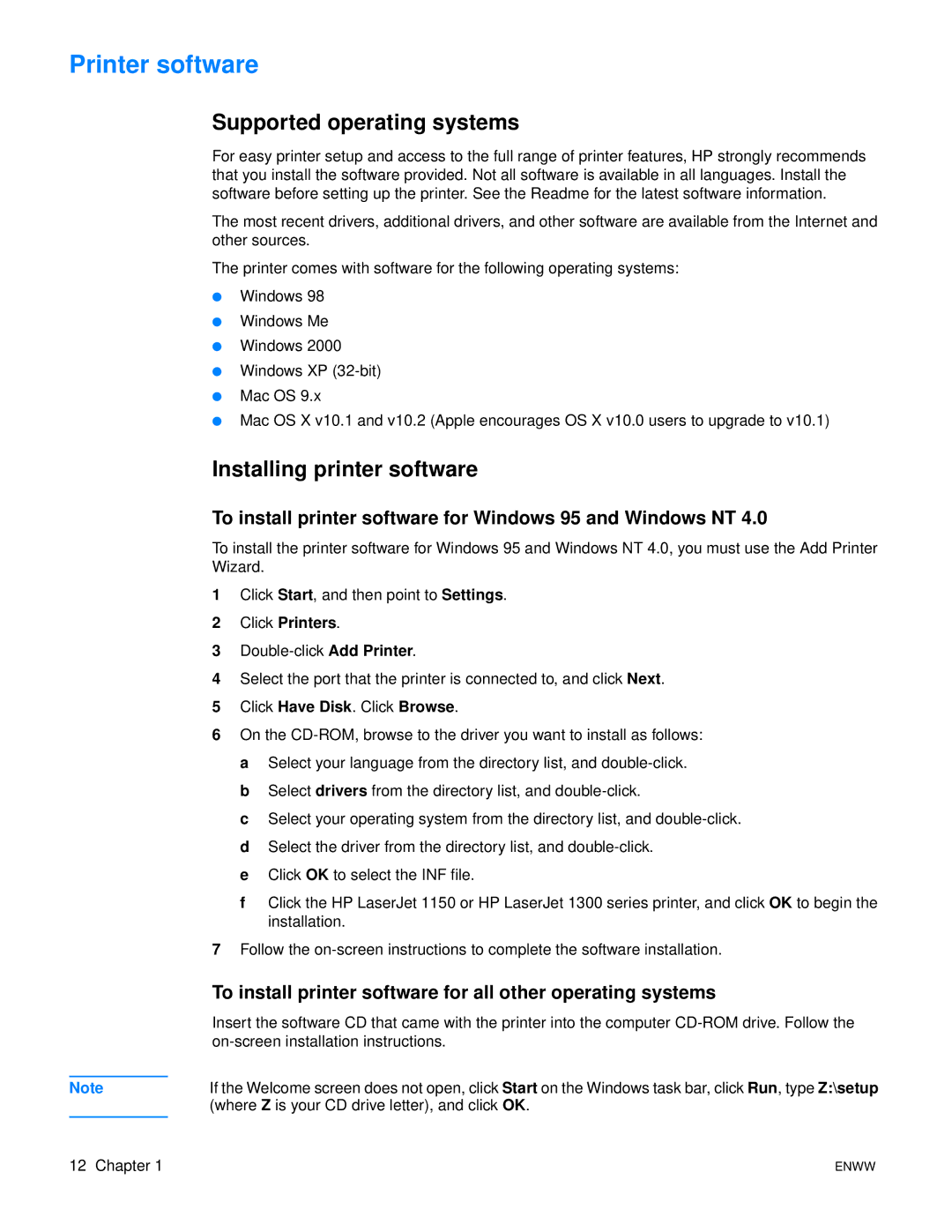 HP 1300, 1150 manual Printer software, Supported operating systems, Installing printer software 
